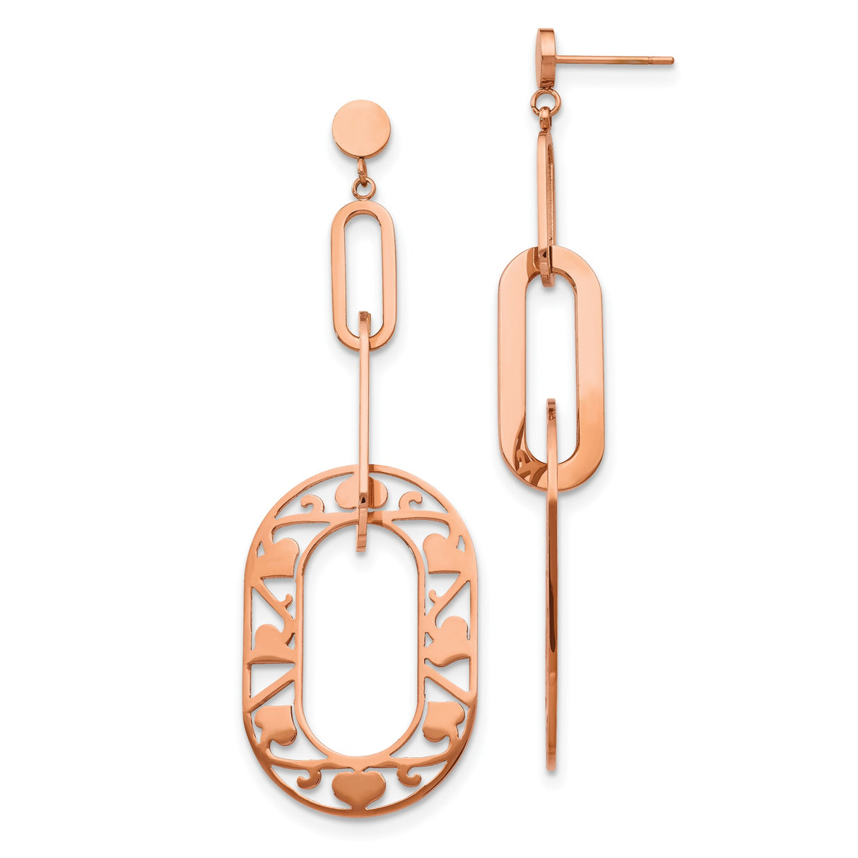 316 Stainless Steel Dangle Earrings with Elongated Oval Links and Openwork Scroll Pattern