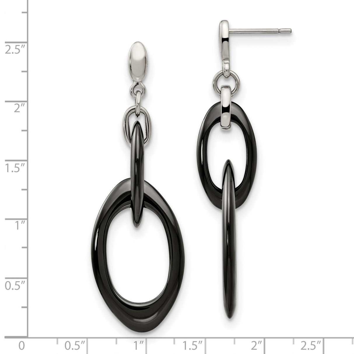 Stainless Steel Dangle Earrings with Interlocking Black and Silver Oval Links, Modern Geometric Style