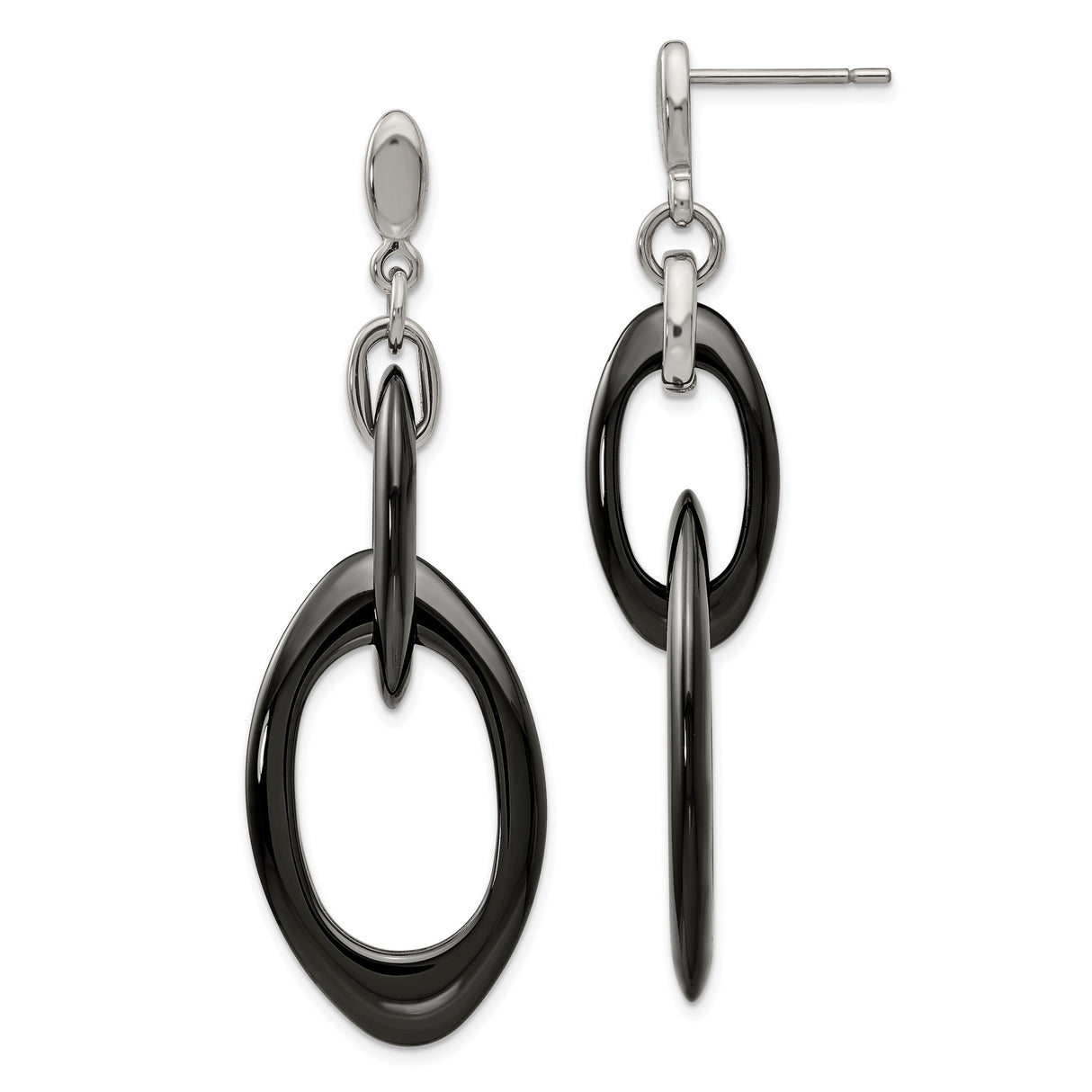 Stainless Steel Dangle Earrings with Interlocking Black and Silver Oval Links, Modern Geometric Style