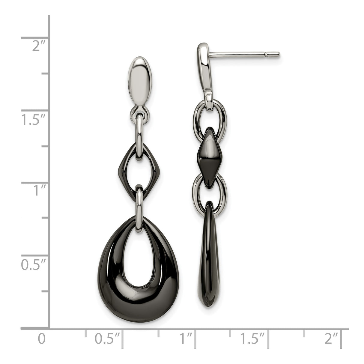 Stainless Steel Drop Earrings, Geometric Dangle Design with Black Accents, Linked Oval and Teardrop Shapes