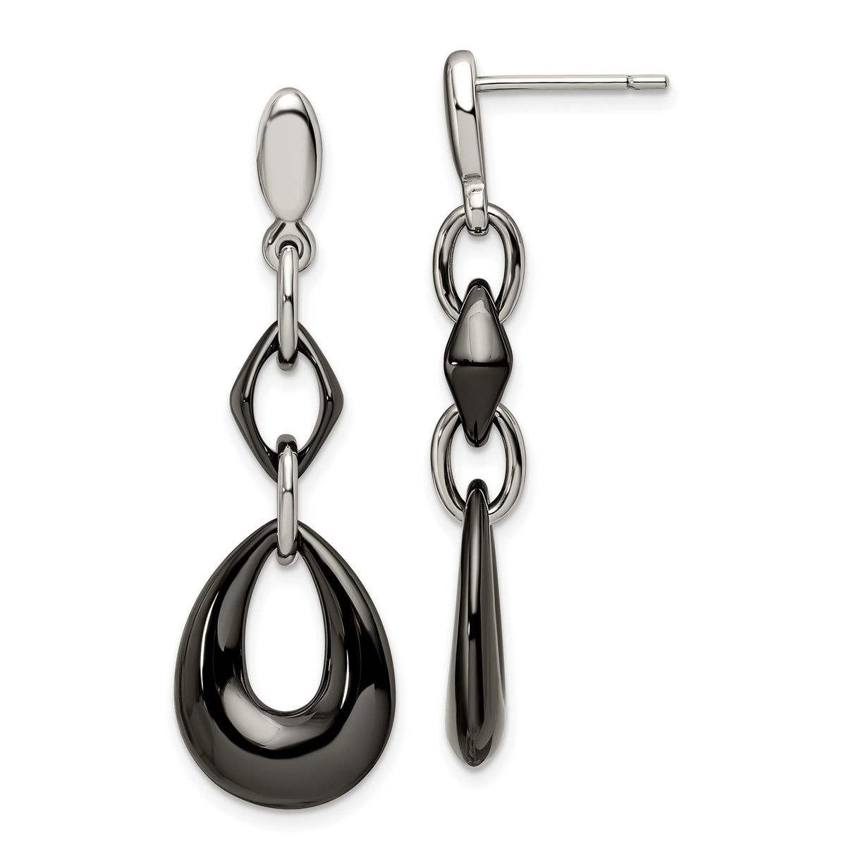 Stainless Steel Drop Earrings, Geometric Dangle Design with Black Accents, Linked Oval and Teardrop Shapes