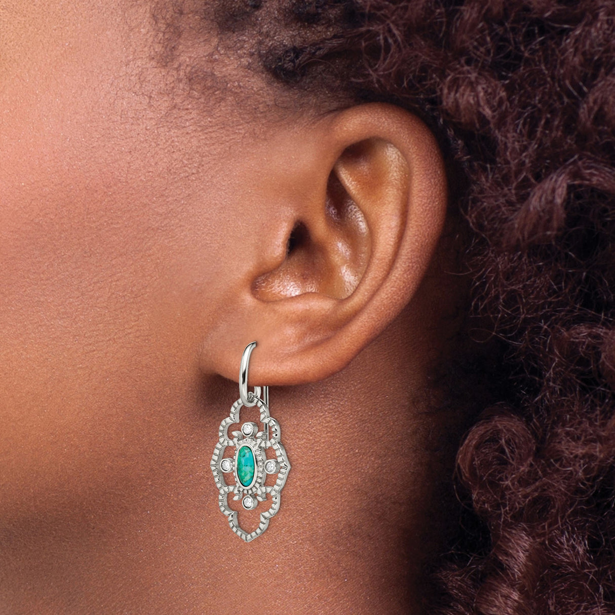 Stainless Steel Dangle Earrings with Turquoise and Cubic Zirconia, Bohemian Filigree Design