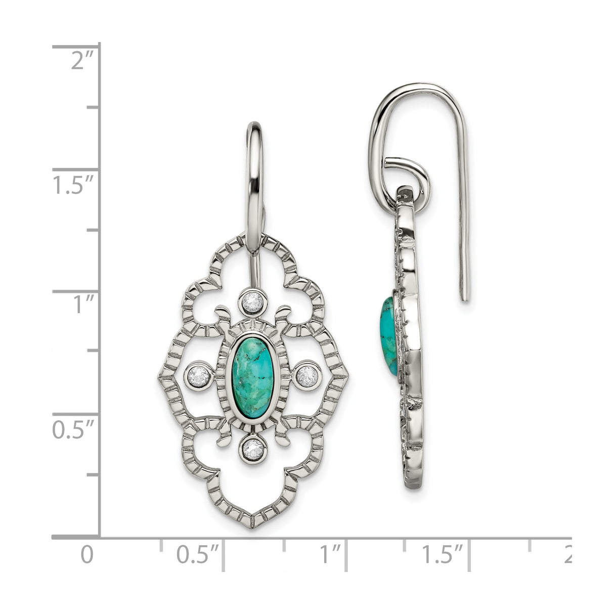 Stainless Steel Dangle Earrings with Turquoise and Cubic Zirconia, Bohemian Filigree Design
