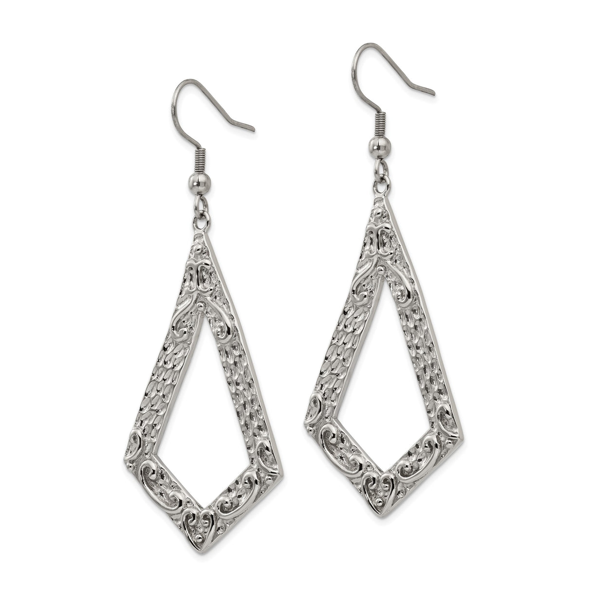 Stainless Steel Dangle Earrings with Open Diamond Filigree and Hammered Scroll Design