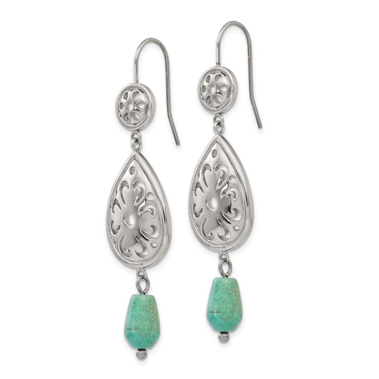 Stainless Steel Dangle Earrings with Turquoise Accents, Boho Teardrop Filigree Floral Design