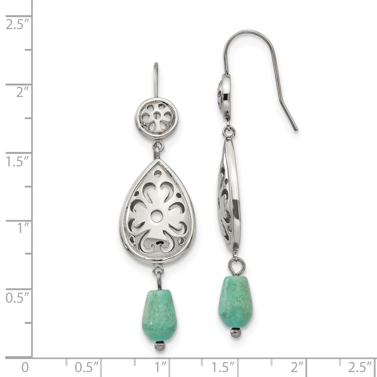 Stainless Steel Dangle Earrings with Turquoise Accents, Boho Teardrop Filigree Floral Design