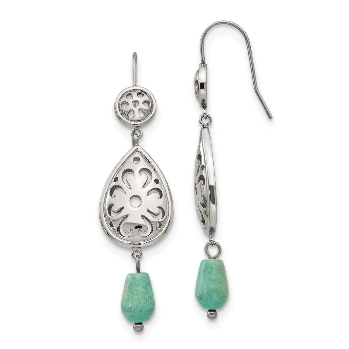 Stainless Steel Dangle Earrings with Turquoise Accents, Boho Teardrop Filigree Floral Design