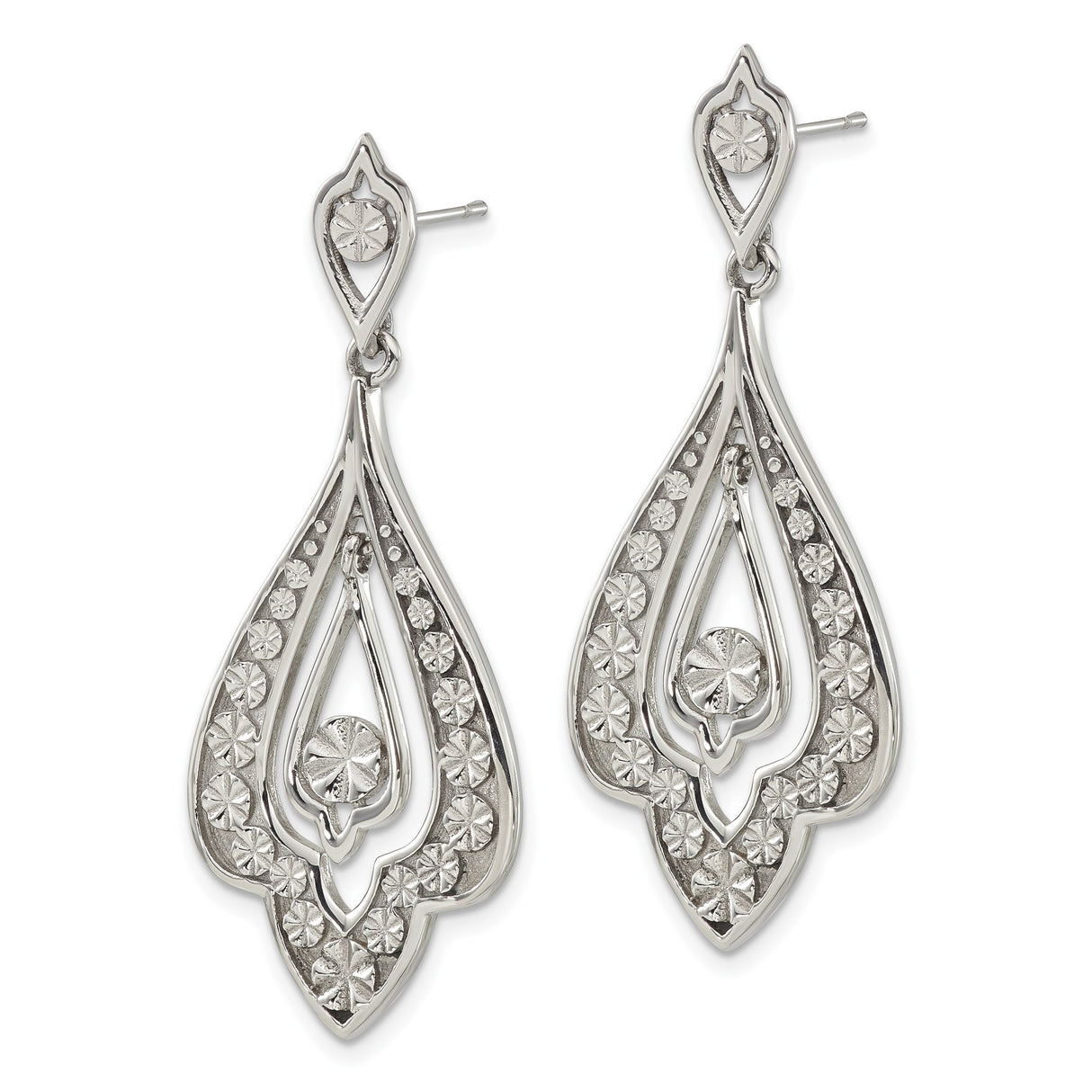 Stainless Steel Dangle Earrings with Teardrop Floral Design and Embossed Starburst Pattern