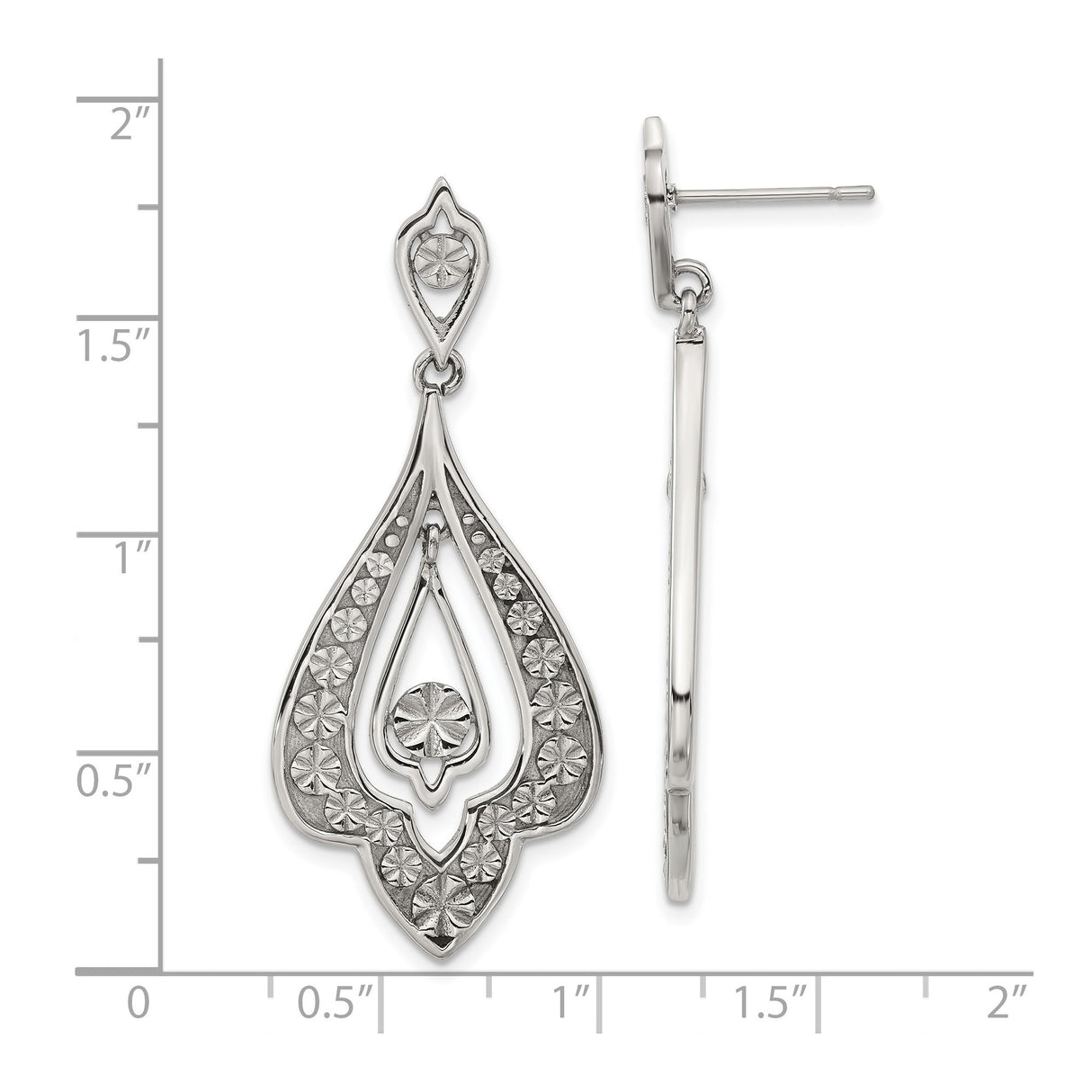 Stainless Steel Dangle Earrings with Teardrop Floral Design and Embossed Starburst Pattern