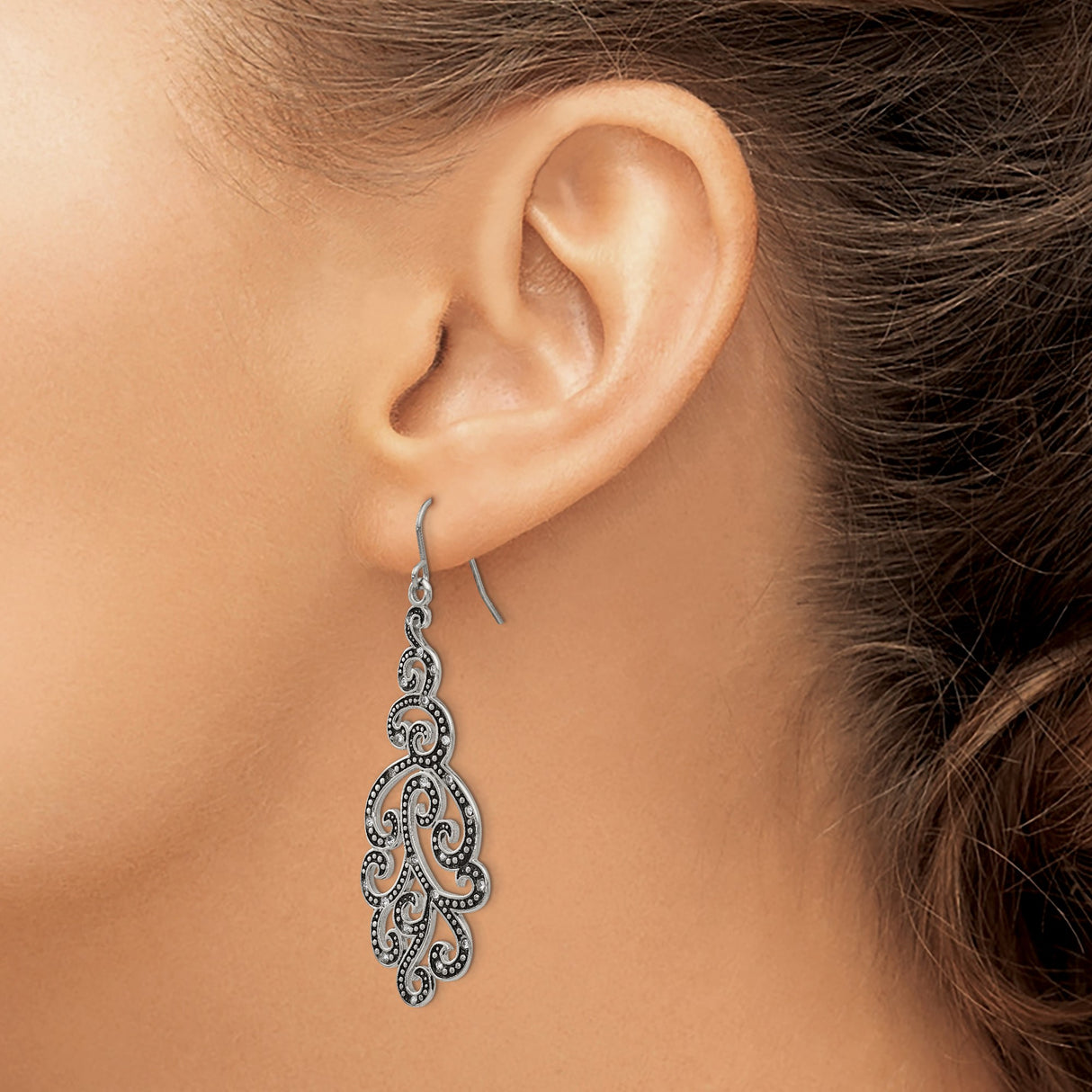 Stainless Steel Drop Earrings with Crystal, Filigree Swirl Design, Boho Vintage Style