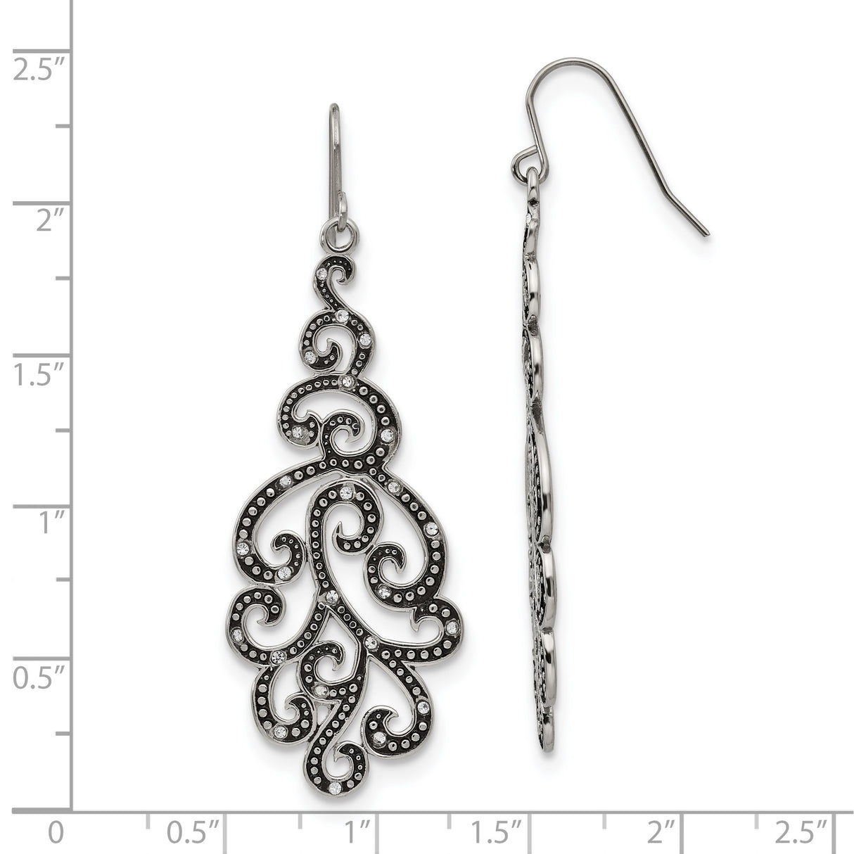 Stainless Steel Drop Earrings with Crystal, Filigree Swirl Design, Boho Vintage Style
