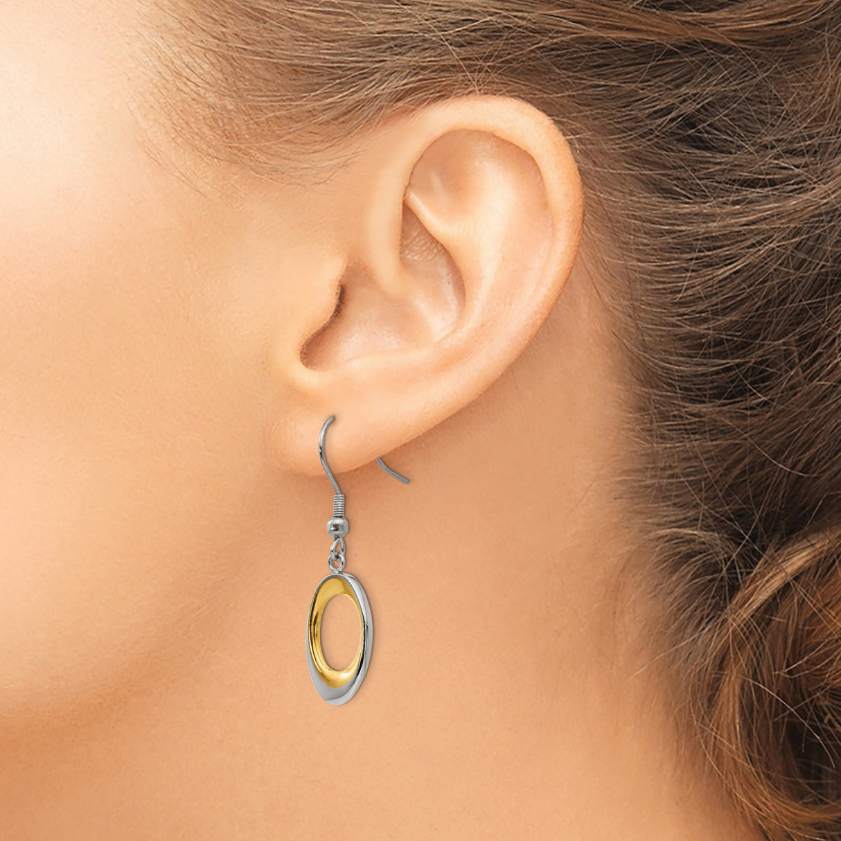 Stainless Steel Drop Earrings, Two-Tone Open Oval Design, Polished Modern Minimalist Style
