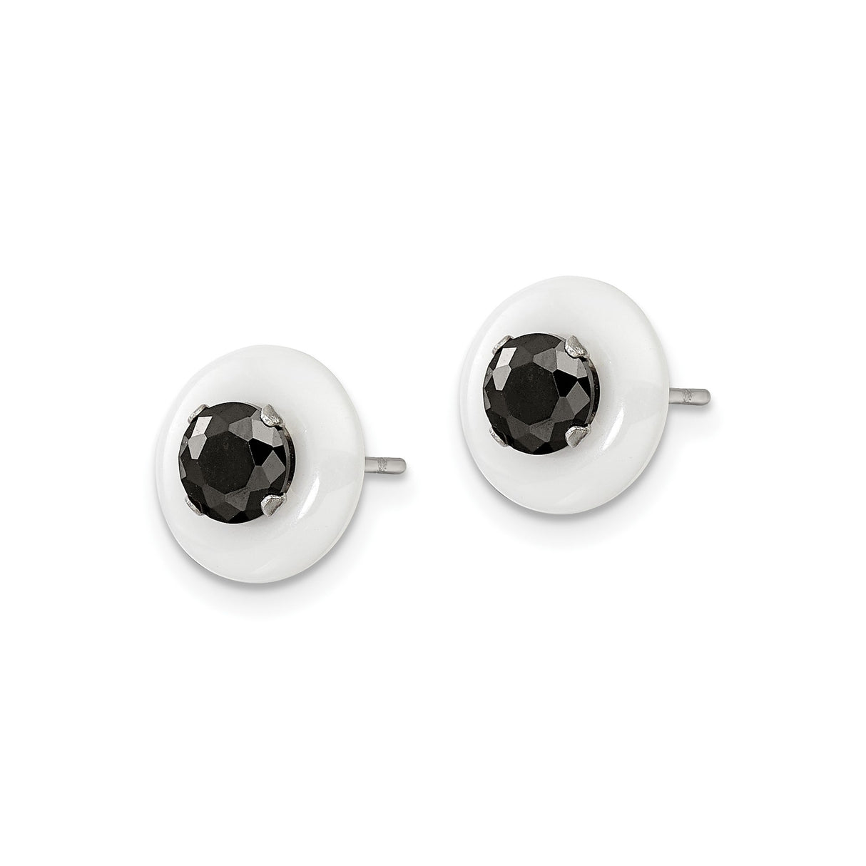 316 Stainless Steel Stud Earrings with Black Cubic Zirconia, White Ceramic, Minimalist Round Design