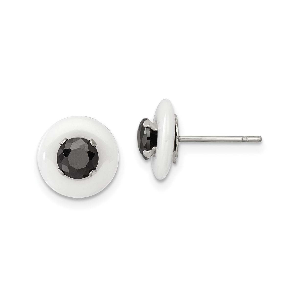 316 Stainless Steel Stud Earrings with Black Cubic Zirconia, White Ceramic, Minimalist Round Design