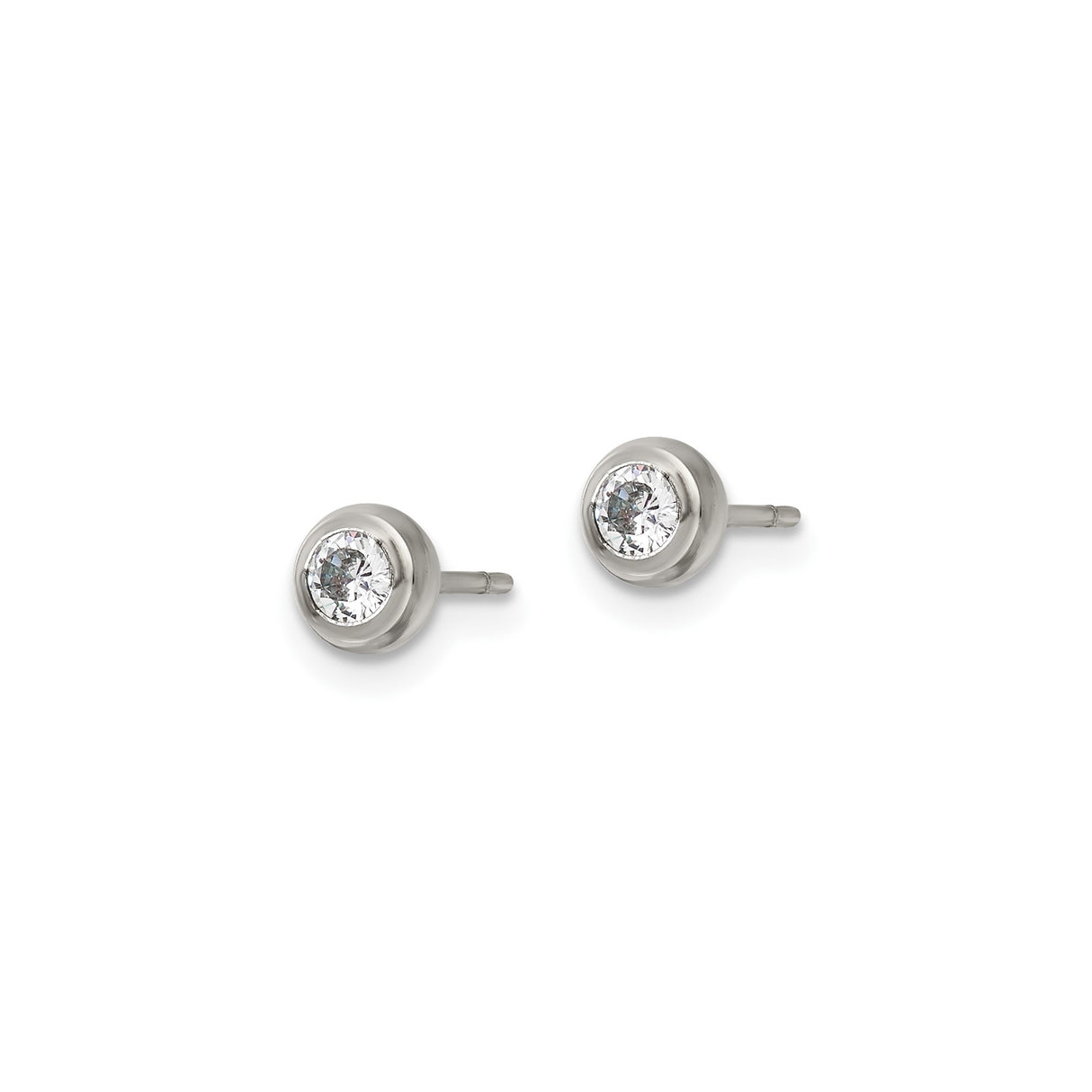 Stainless Steel Stud Earrings with Bezel Set Cubic Zirconia, Polished Minimalist Design