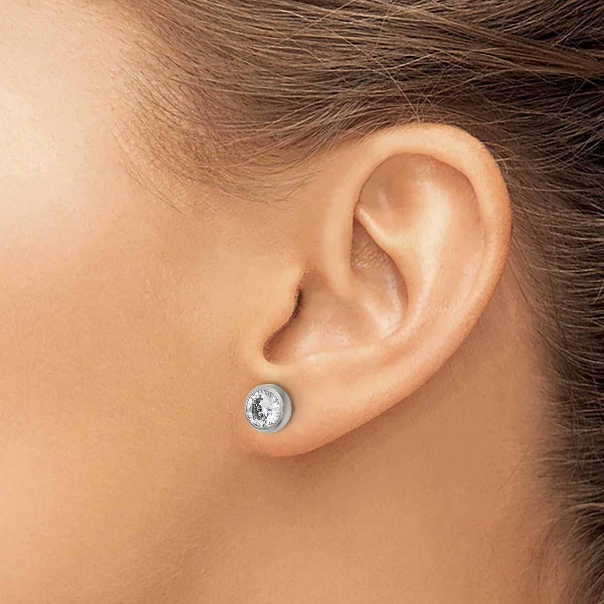 Stainless Steel Stud Earrings with Cubic Zirconia Bezel Setting, Minimalist Polished Style