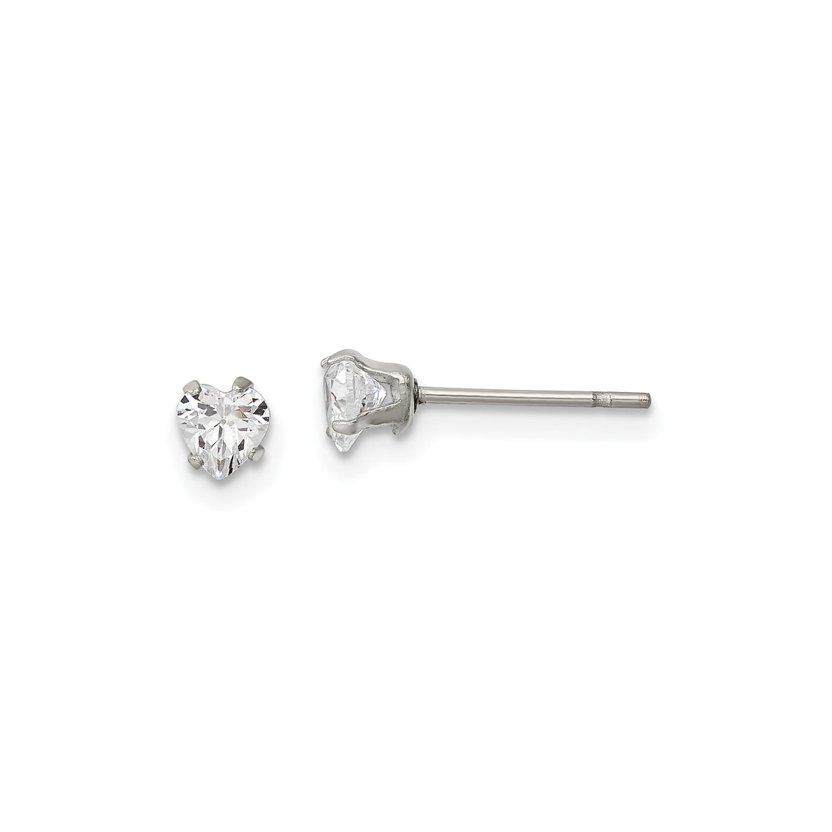 Stainless Steel Heart Shaped Stud Earrings with Cubic Zirconia, Polished Minimalist Design
