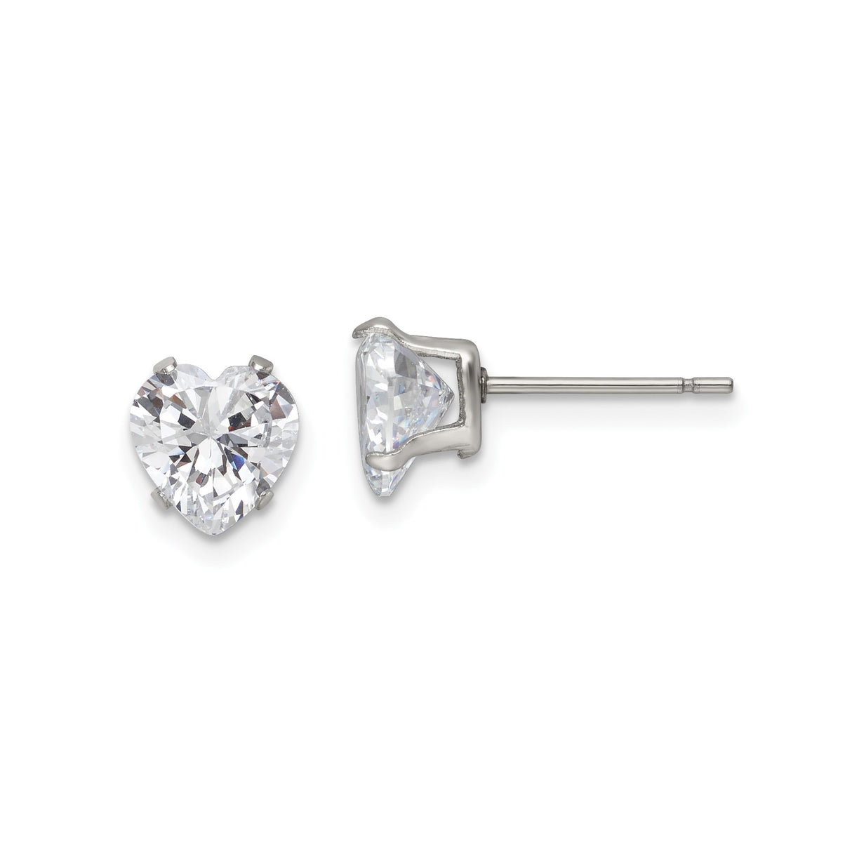 Stainless Steel Heart Stud Earrings with Cubic Zirconia Stones, Romantic Fashion Jewelry