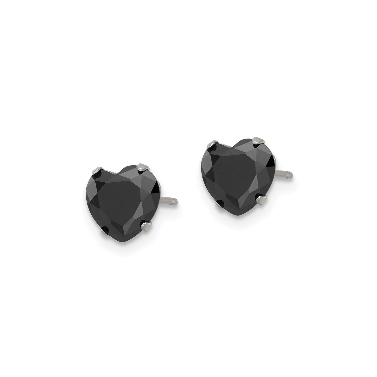 Stainless Steel Heart Stud Earrings with Faceted Black Cubic Zirconia, Modern Minimalist Design