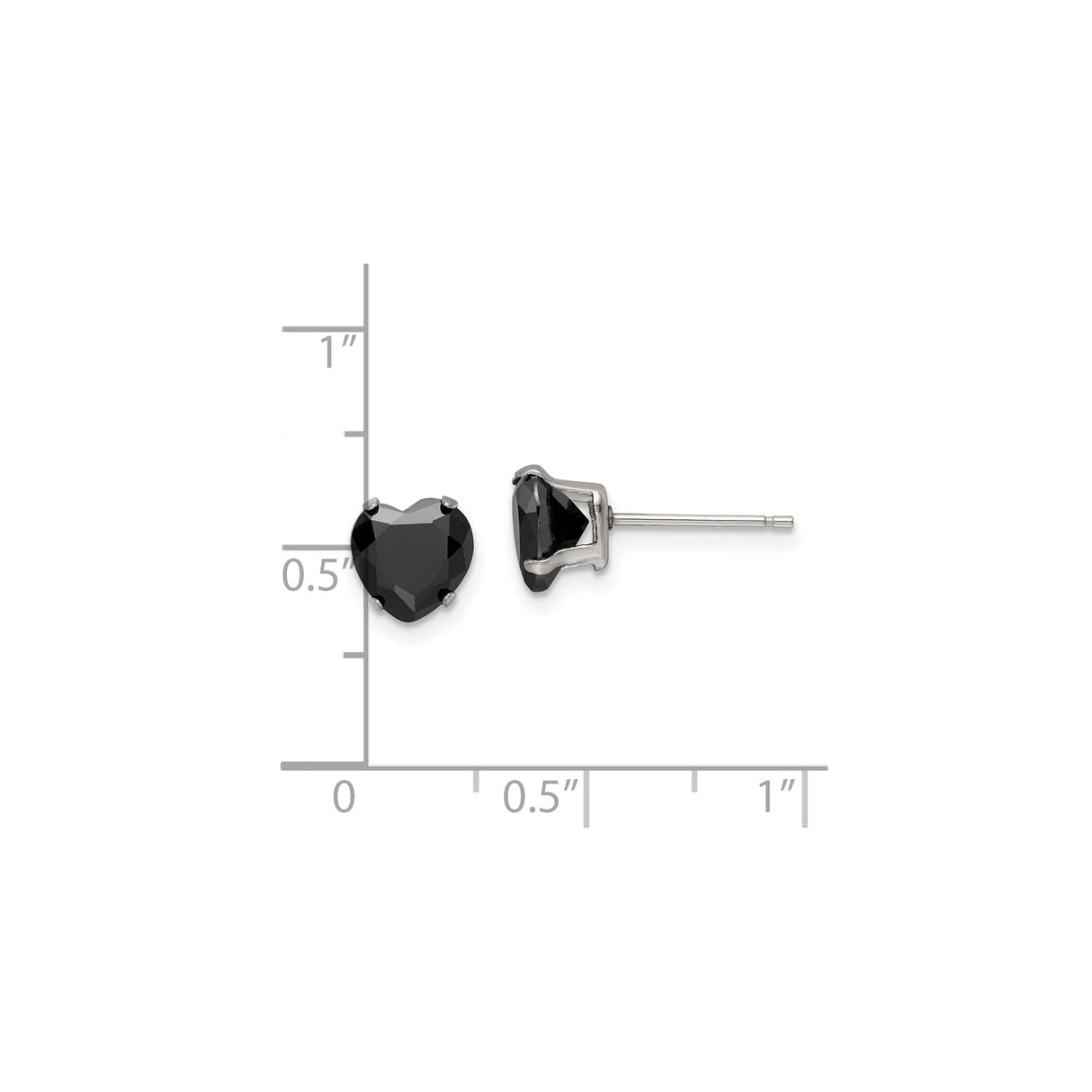 Stainless Steel Heart Stud Earrings with Faceted Black Cubic Zirconia, Modern Minimalist Design