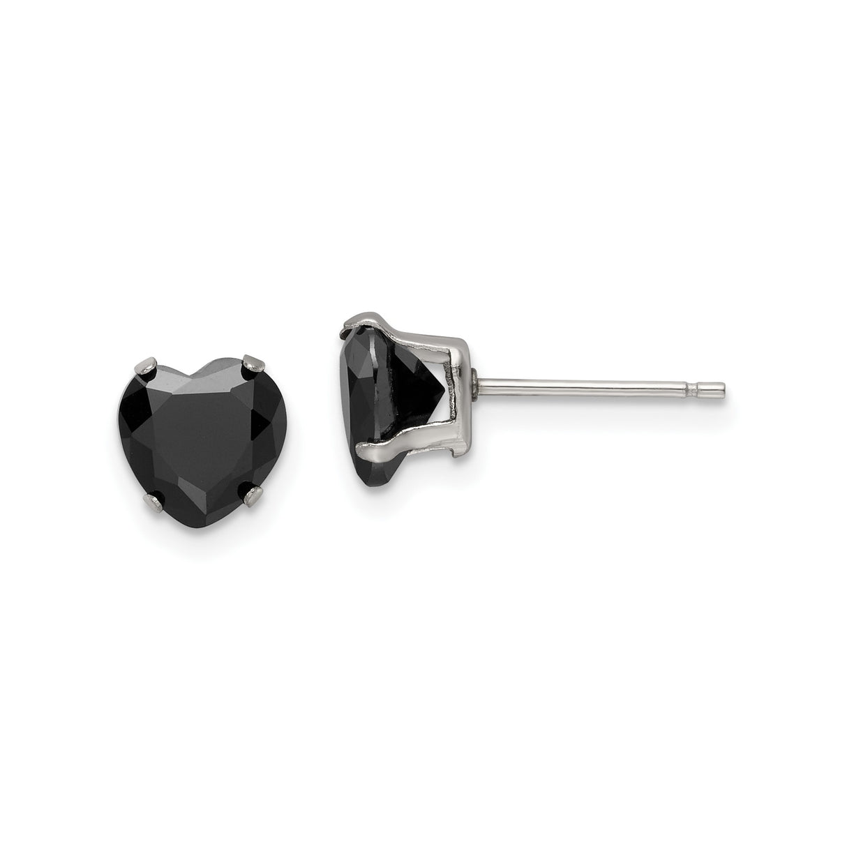 Stainless Steel Heart Stud Earrings with Faceted Black Cubic Zirconia, Modern Minimalist Design