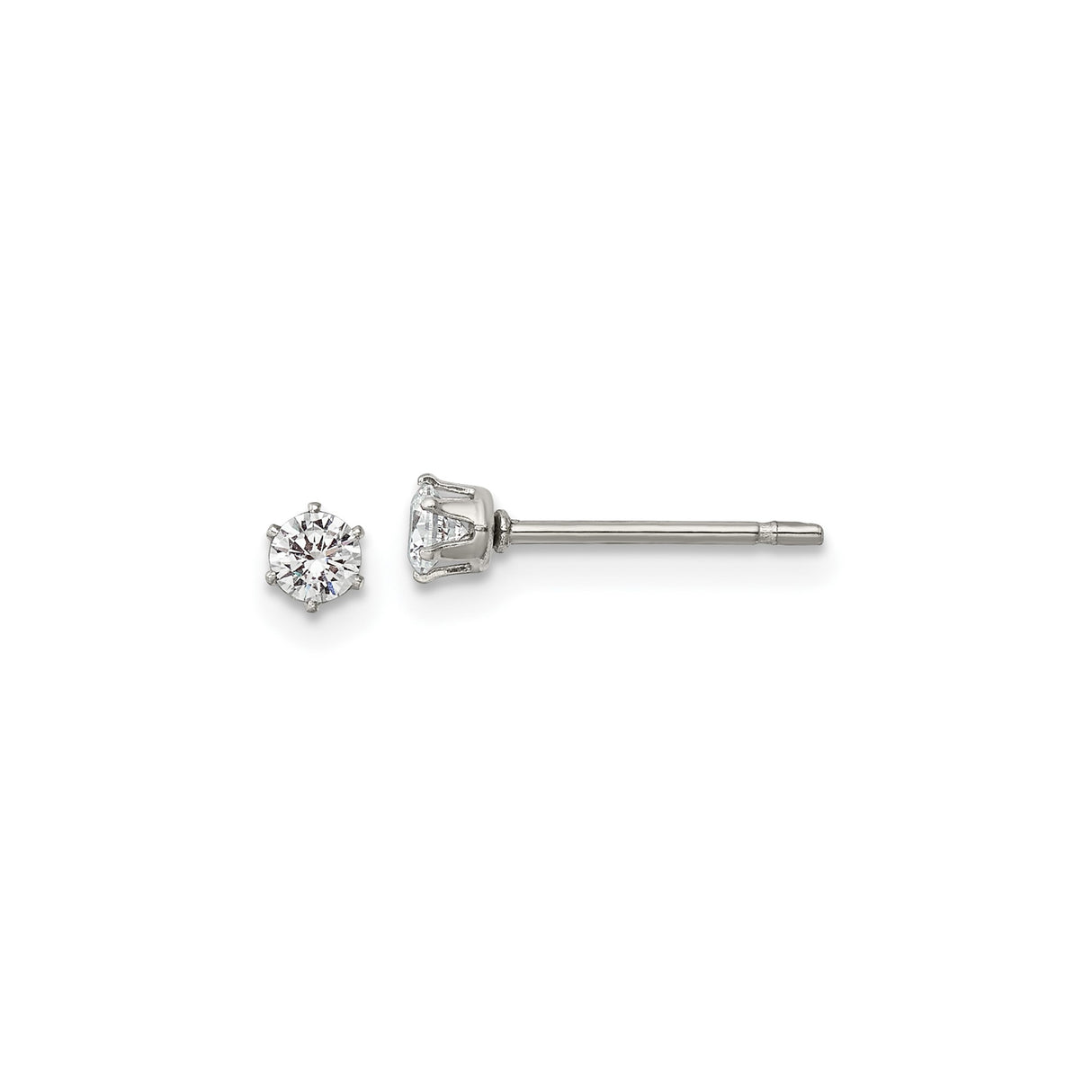 Stainless Steel Stud Earrings with Cubic Zirconia, Round Solitaire, Hypoallergenic Design