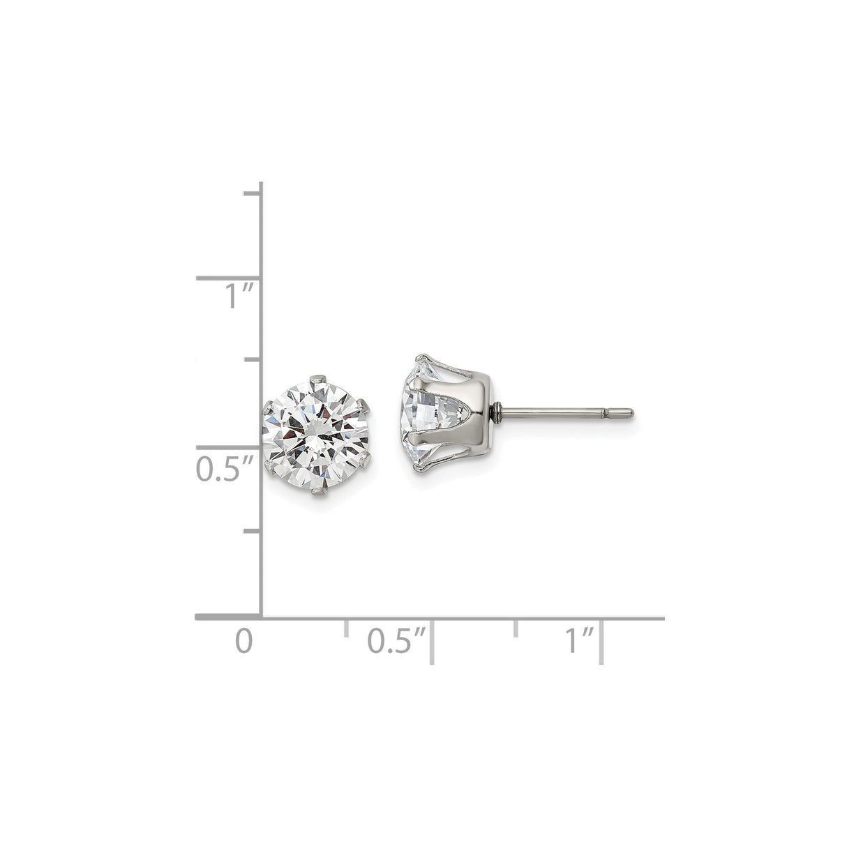 Stainless Steel Stud Earrings with Large Round Cut Cubic Zirconia, Solitaire Setting