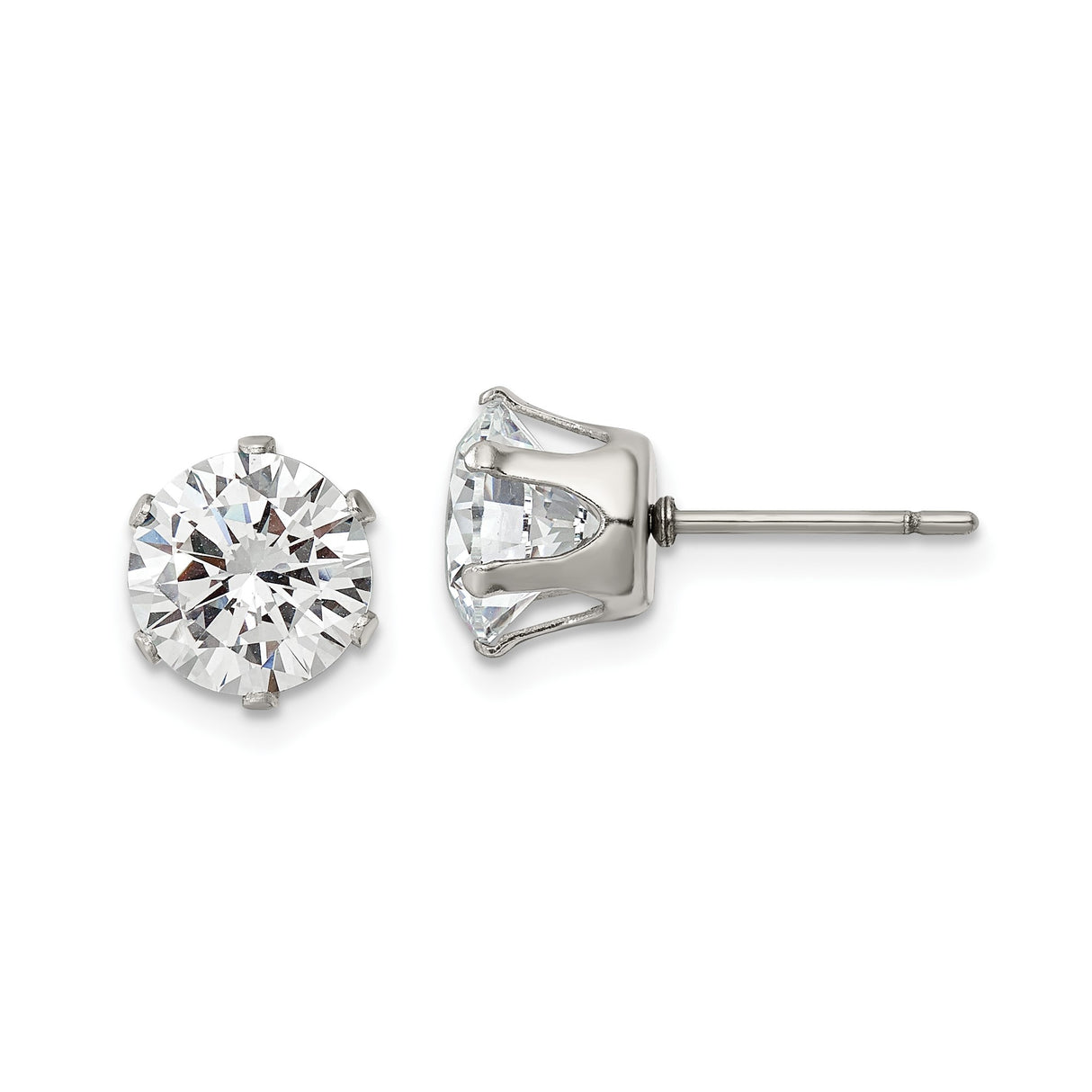 Stainless Steel Stud Earrings with Large Round Cut Cubic Zirconia, Solitaire Setting