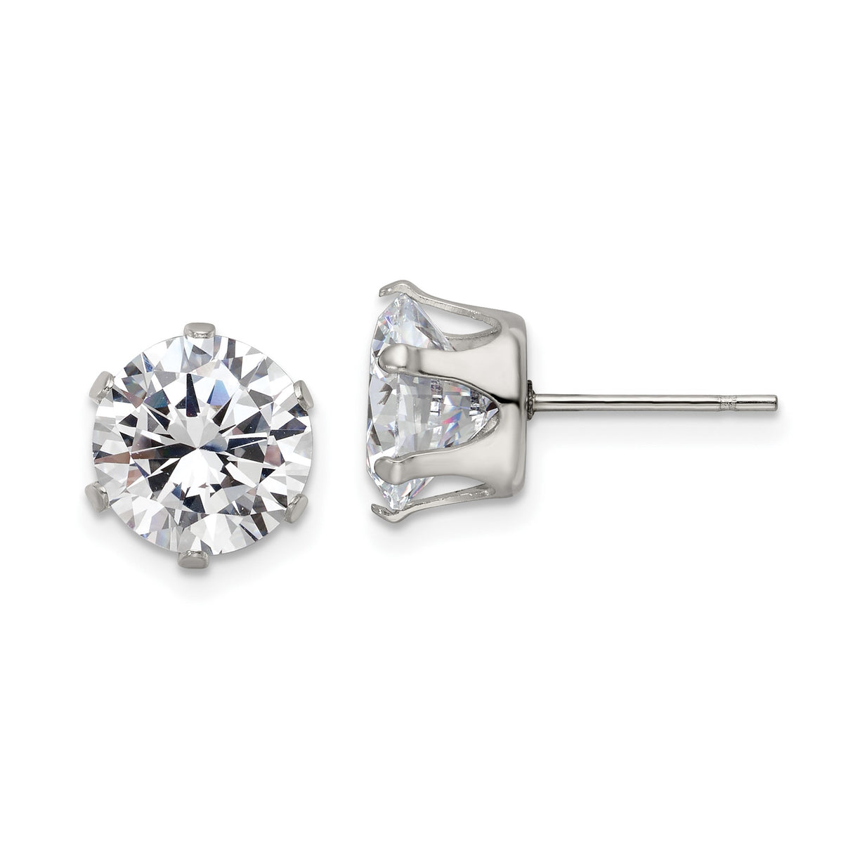 Stainless Steel Stud Earrings with Cubic Zirconia, Six Prong Minimalist Design