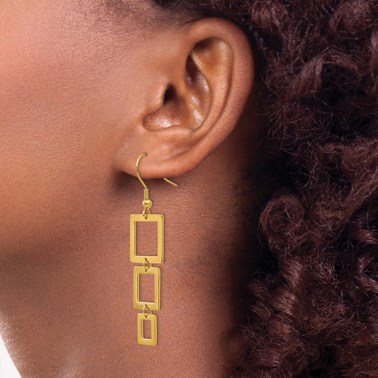 Stainless Steel Dangle Earrings with Linked Open Square Design, Gold Tone Geometric Style