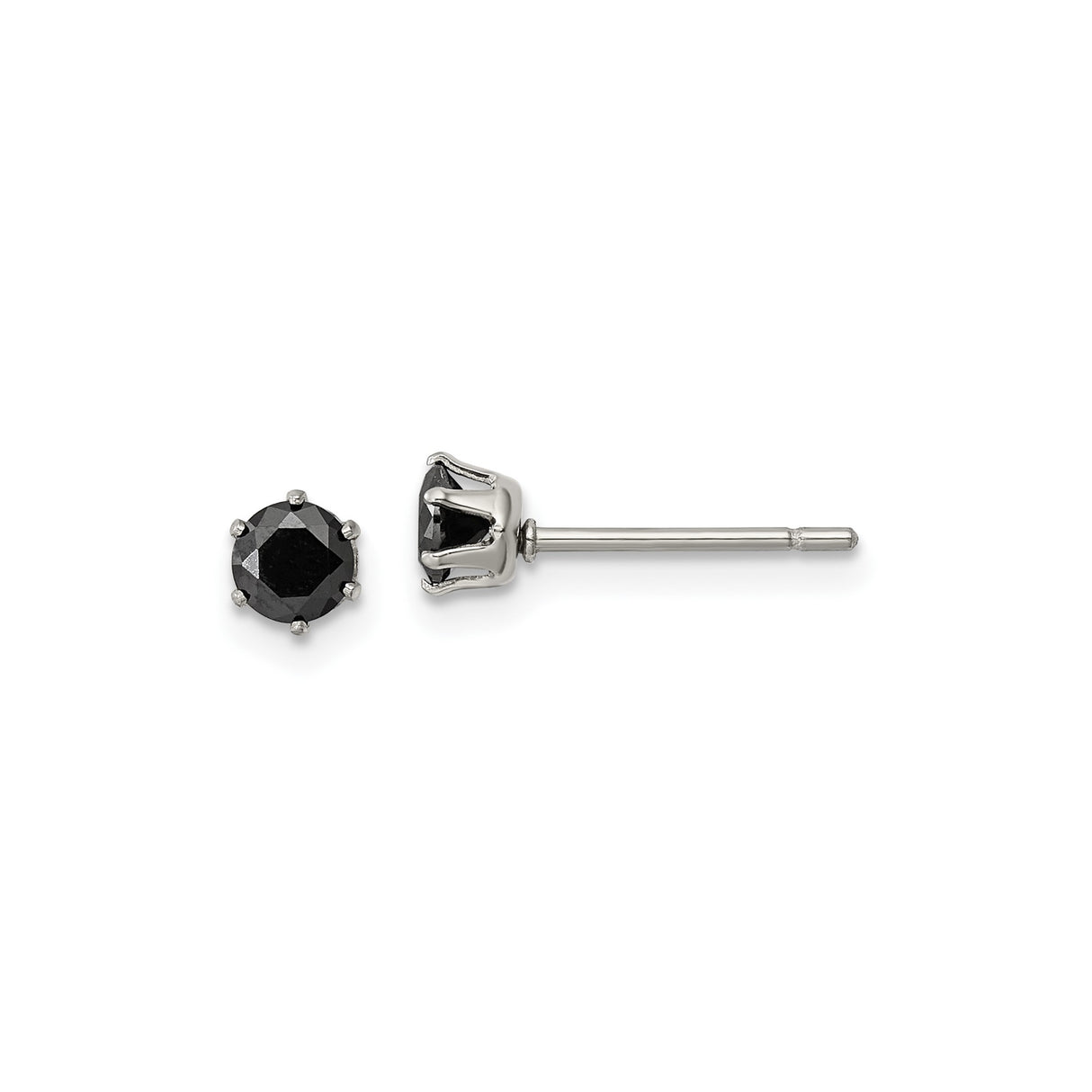 Stainless Steel Stud Earrings with Black Cubic Zirconia, Prong Set, Unisex Minimalist Style