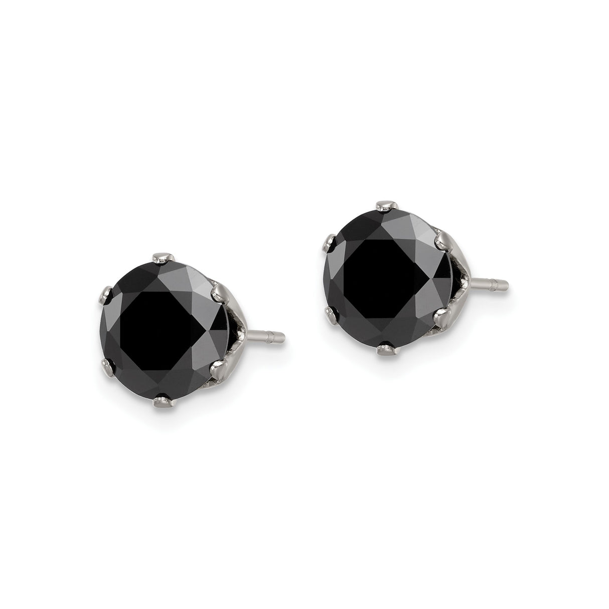Stainless Steel Stud Earrings with Round Cut Black Cubic Zirconia in Six Prong Setting
