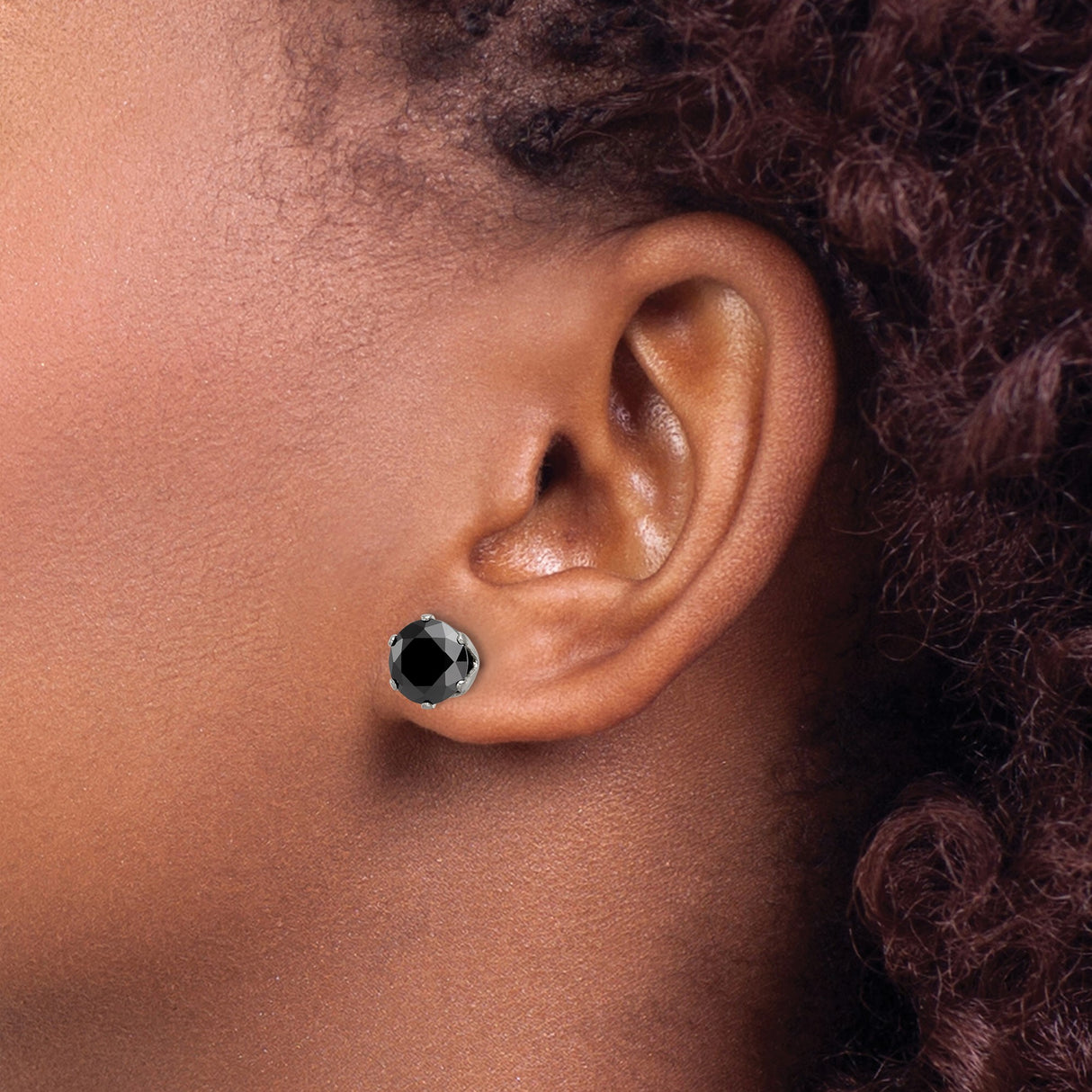 Stainless Steel Stud Earrings with Round Cut Black Cubic Zirconia in Six Prong Setting