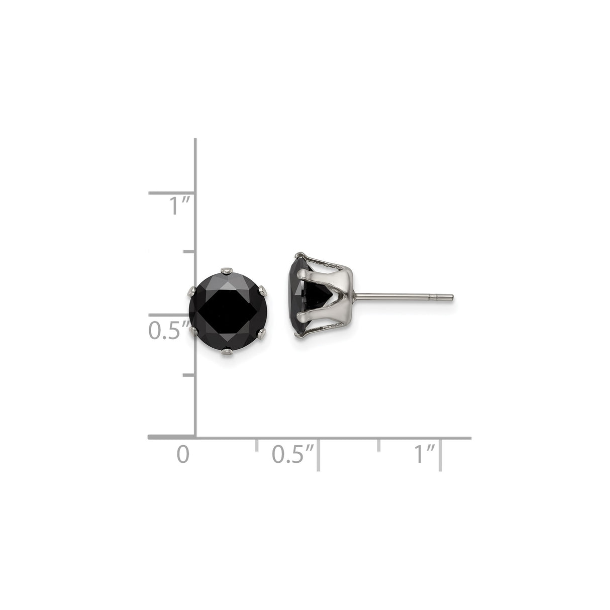 Stainless Steel Stud Earrings with Round Cut Black Cubic Zirconia in Six Prong Setting