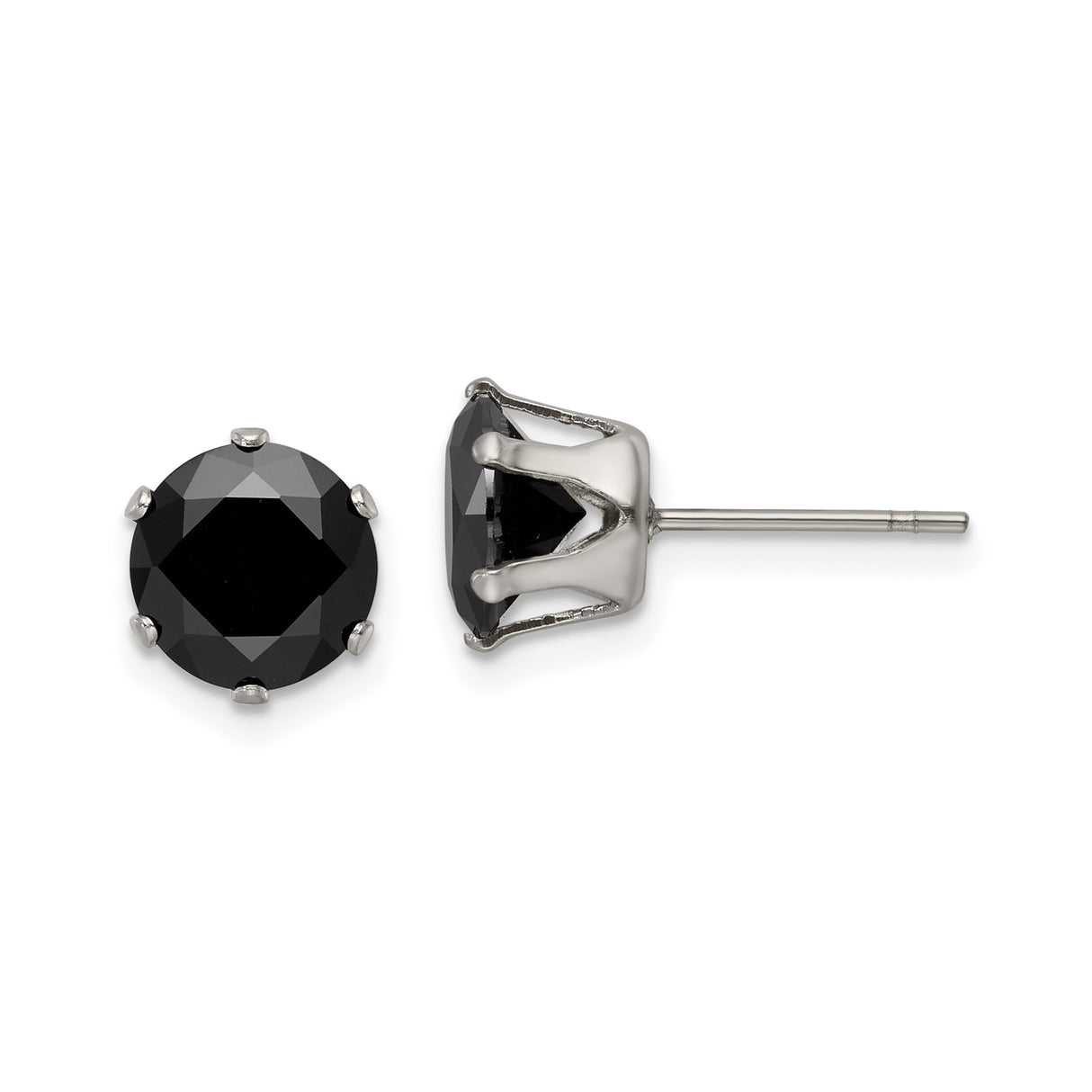 Stainless Steel Stud Earrings with Round Cut Black Cubic Zirconia in Six Prong Setting