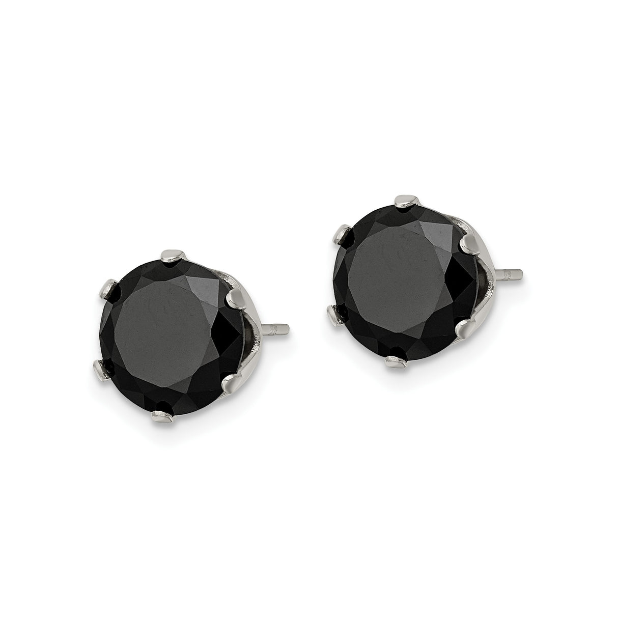 Stainless Steel Stud Earrings with Black Cubic Zirconia, Six Prong Setting, Modern Gothic Style