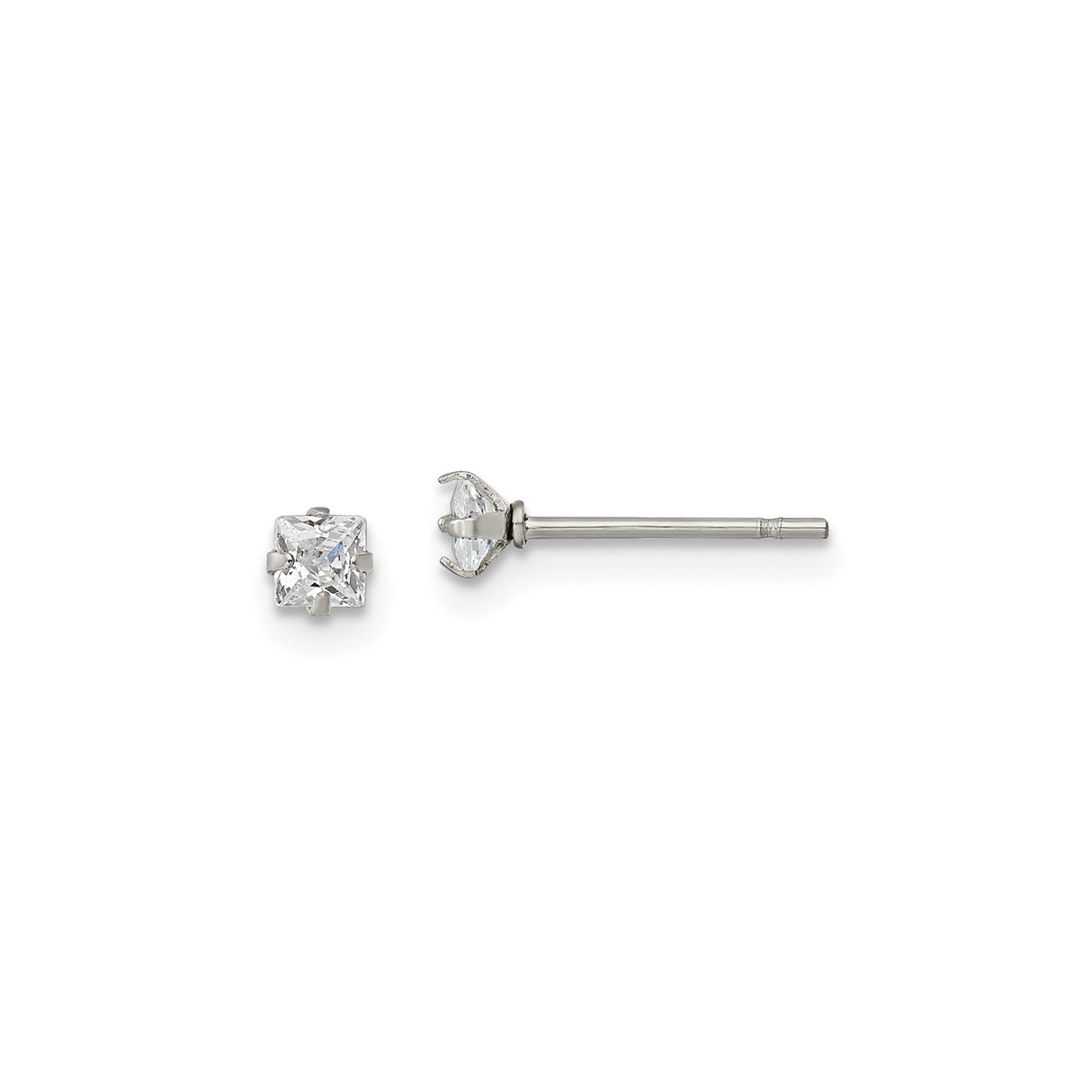 Stainless Steel Stud Earrings with Princess Cut Cubic Zirconia, Modern Minimalist Design