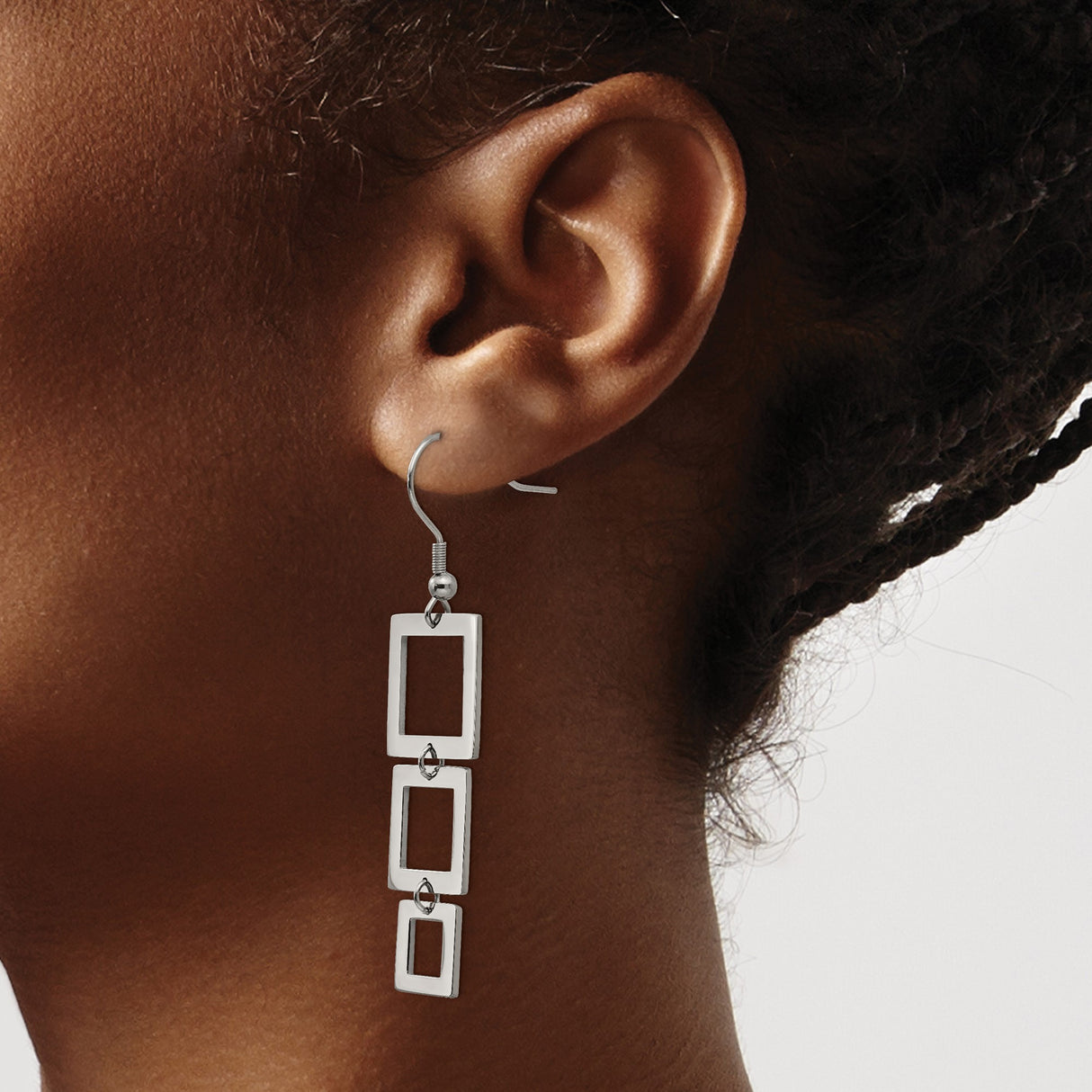 Stainless Steel Drop Earrings with Three Square Links, Modern Geometric Dangle Style for Women