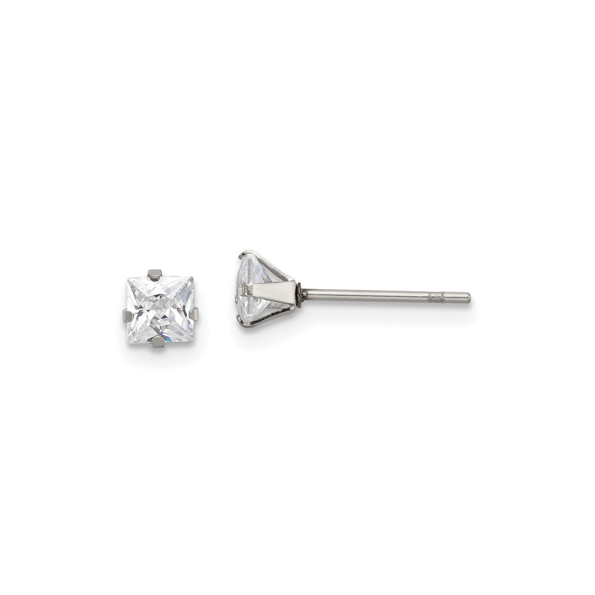 Stainless Steel Stud Earrings with Clear Square Cut Cubic Zirconia, Minimalist Design