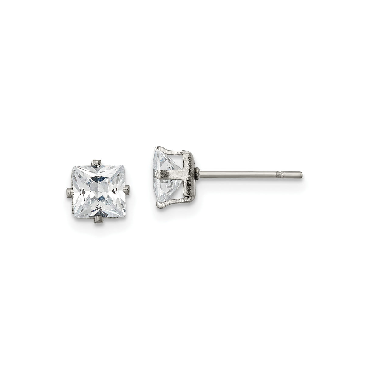 Stainless Steel Stud Earrings with Square Cut Cubic Zirconia, Classic Minimalist Design
