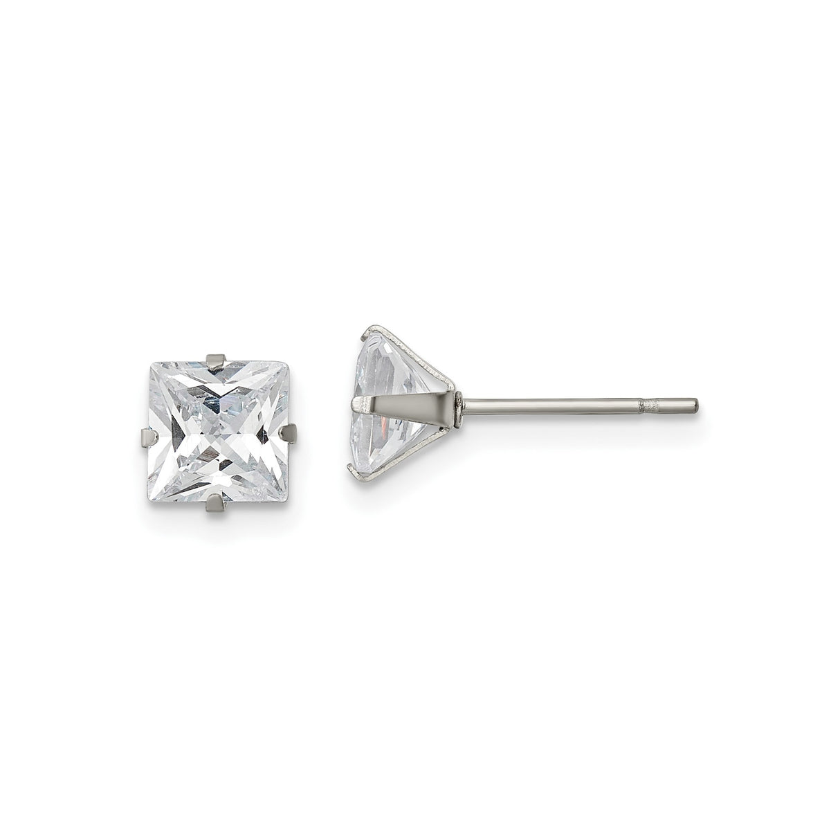 Stainless Steel Stud Earrings with Clear Cubic Zirconia, Four Prong Setting, Hypoallergenic
