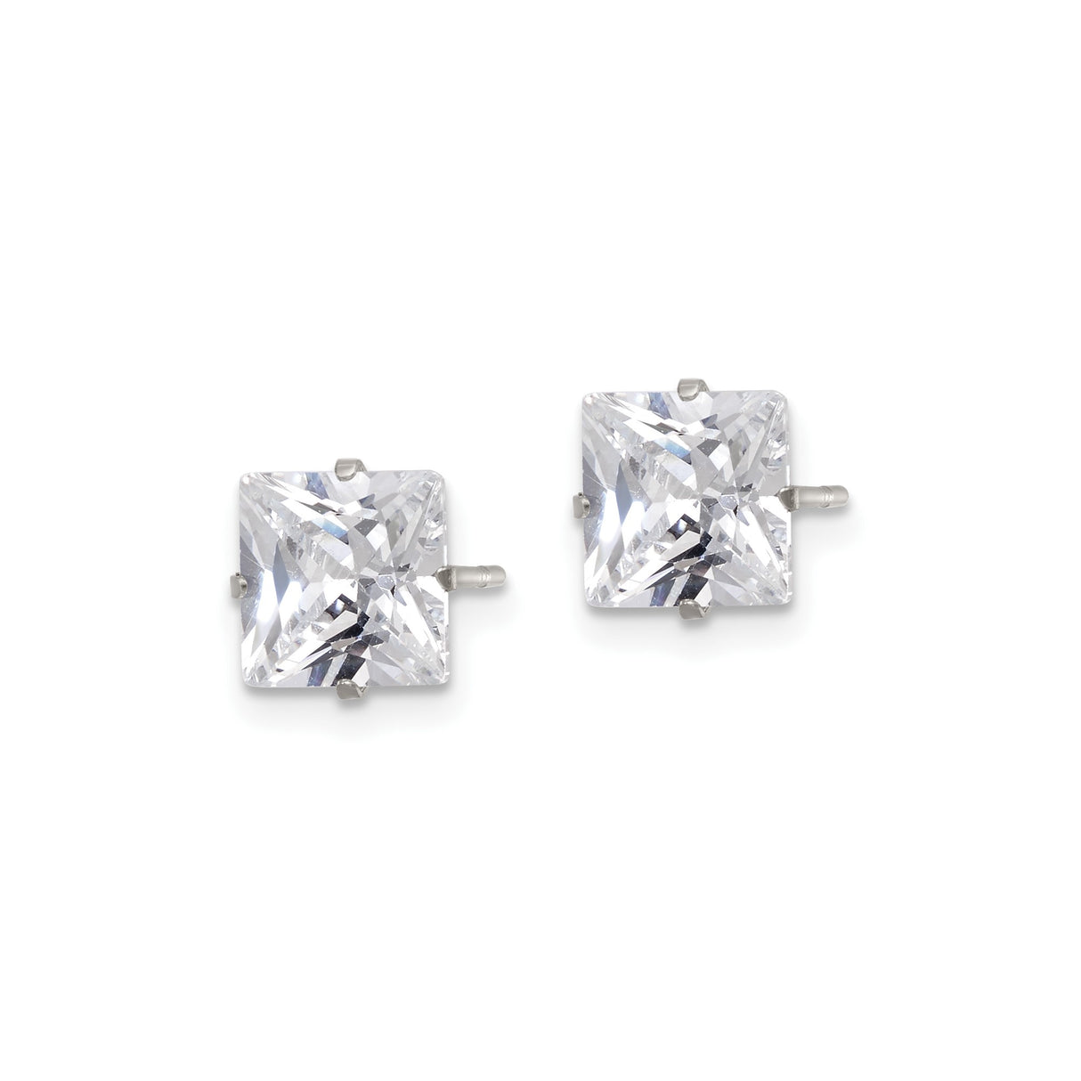 Stainless Steel Stud Earrings with Square Cubic Zirconia, Polished Four-Prong Setting
