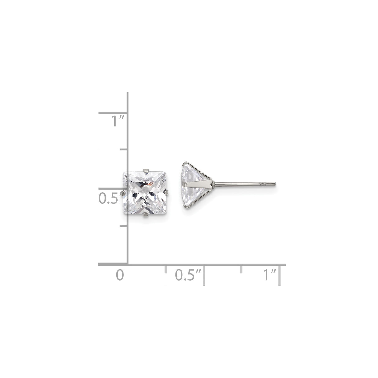 Stainless Steel Stud Earrings with Square Cubic Zirconia, Polished Four-Prong Setting