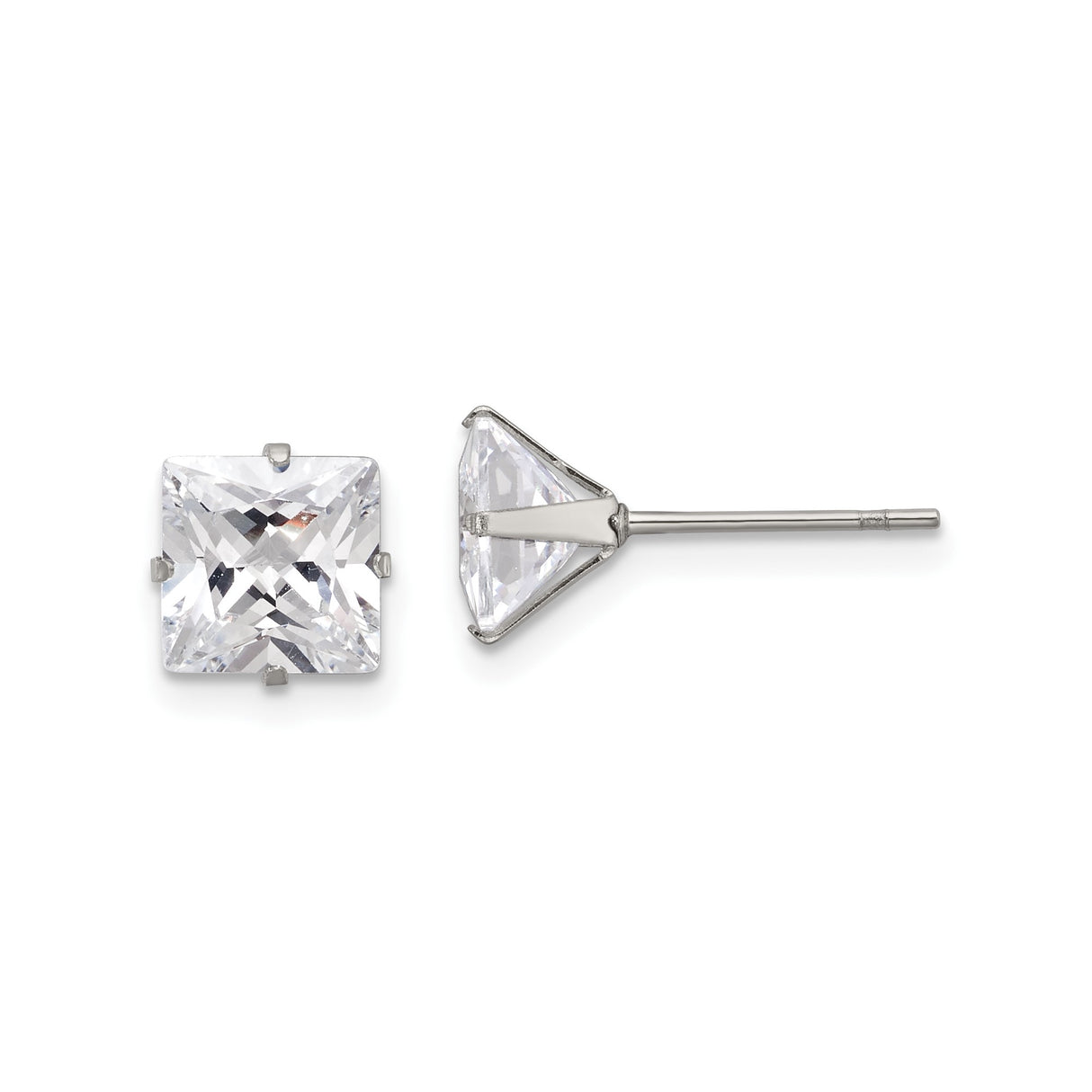 Stainless Steel Stud Earrings with Square Cubic Zirconia, Polished Four-Prong Setting