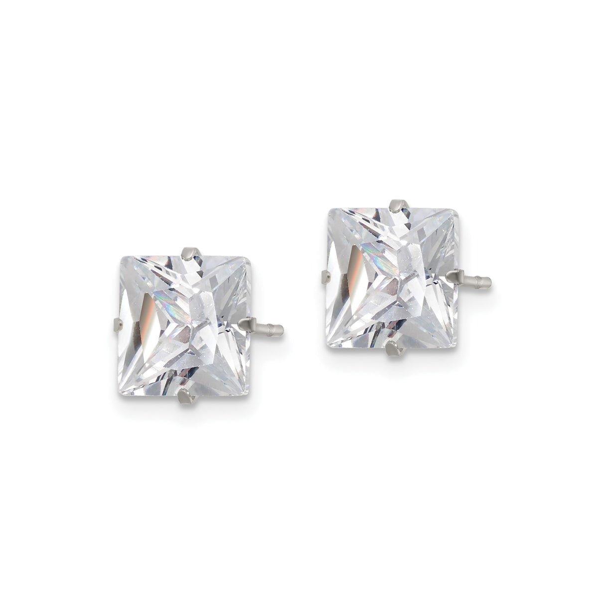 Stainless Steel Stud Earrings with Princess Cut Cubic Zirconia, Modern Prong Mount Design