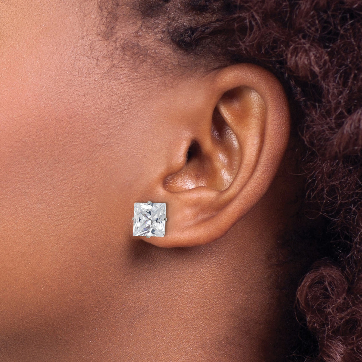 Stainless Steel Stud Earrings with Cubic Zirconia, Square Four-Prong Setting, Modern Lightweight Style