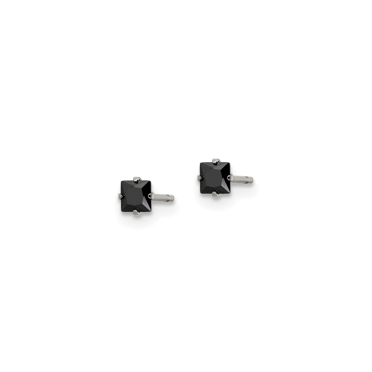 Stainless Steel Stud Earrings with Black Cubic Zirconia, Square Cut, Gothic Punk Style