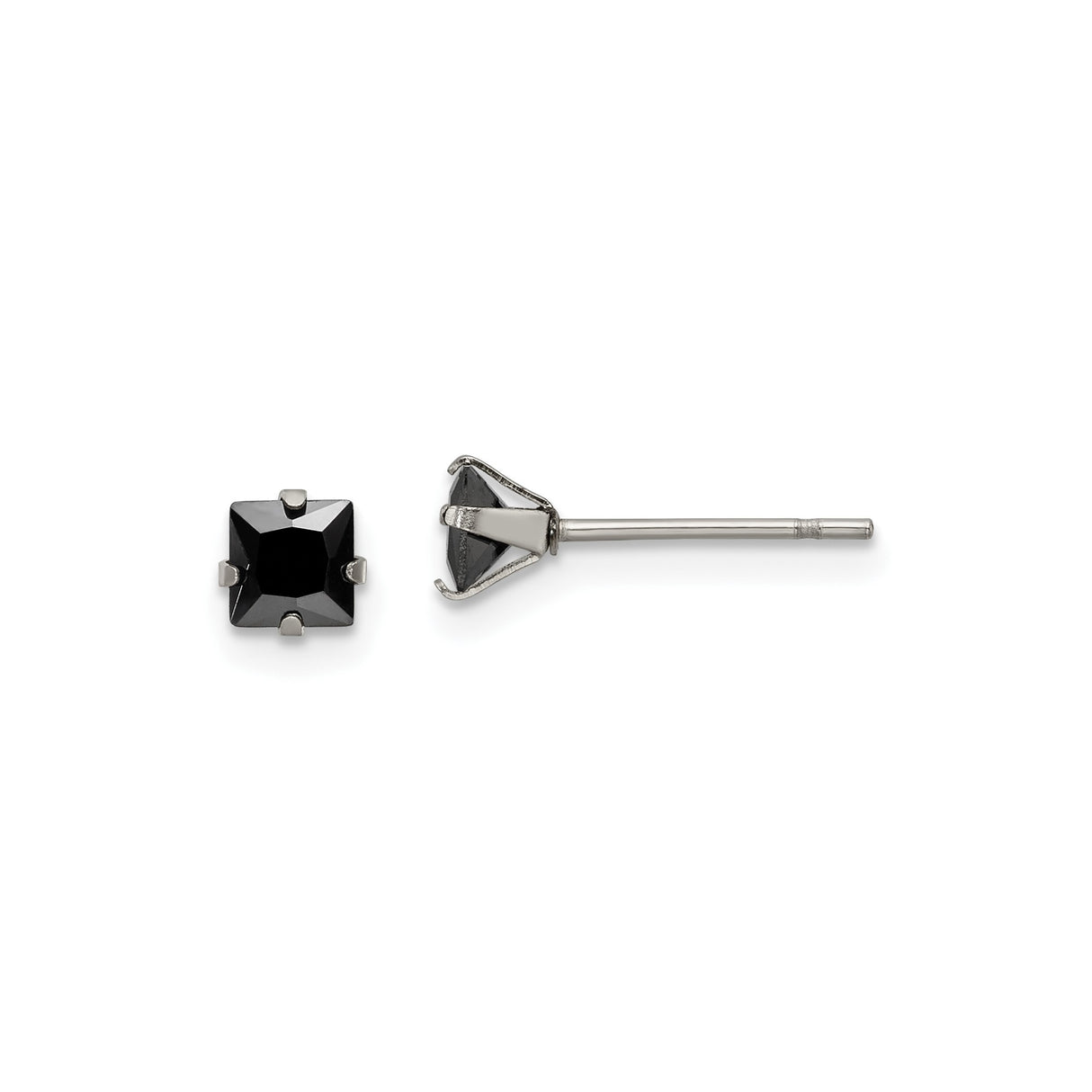 Stainless Steel Stud Earrings with Square-Cut Black Cubic Zirconia, Modern Minimalist Design