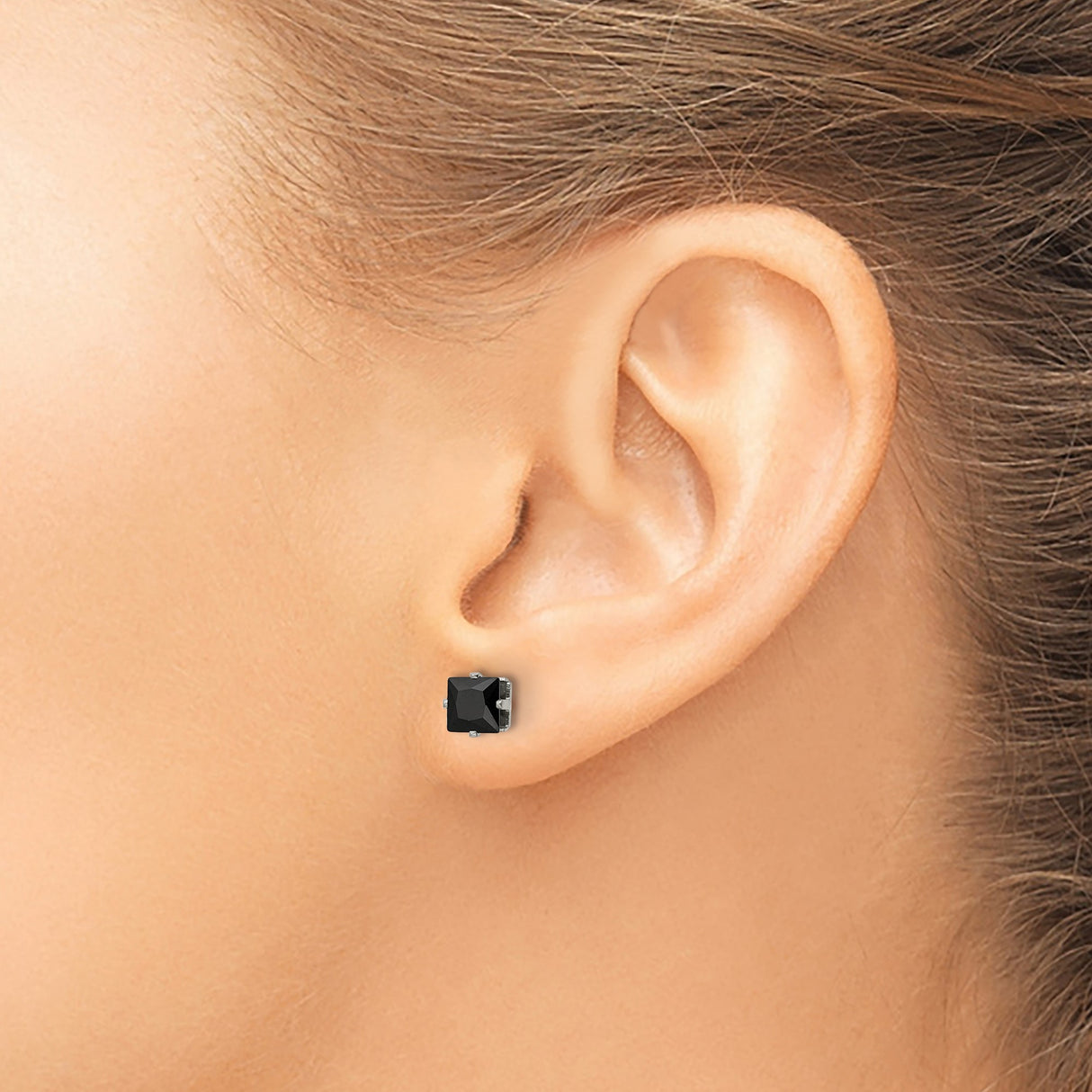 Stainless Steel Stud Earrings with Square Cubic Zirconia, Modern Black Prong Set Unisex Design