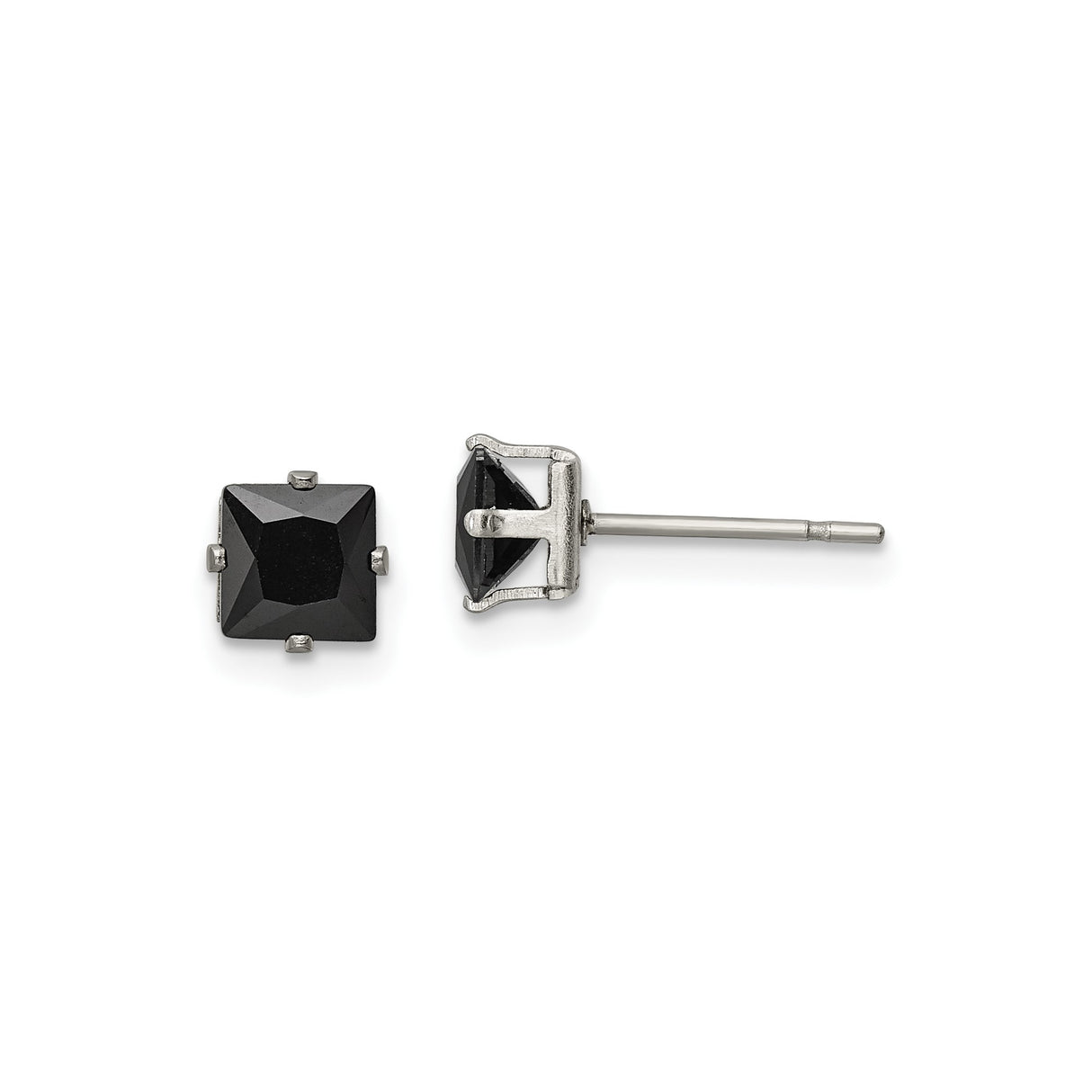Stainless Steel Stud Earrings with Square Cubic Zirconia, Modern Black Prong Set Unisex Design